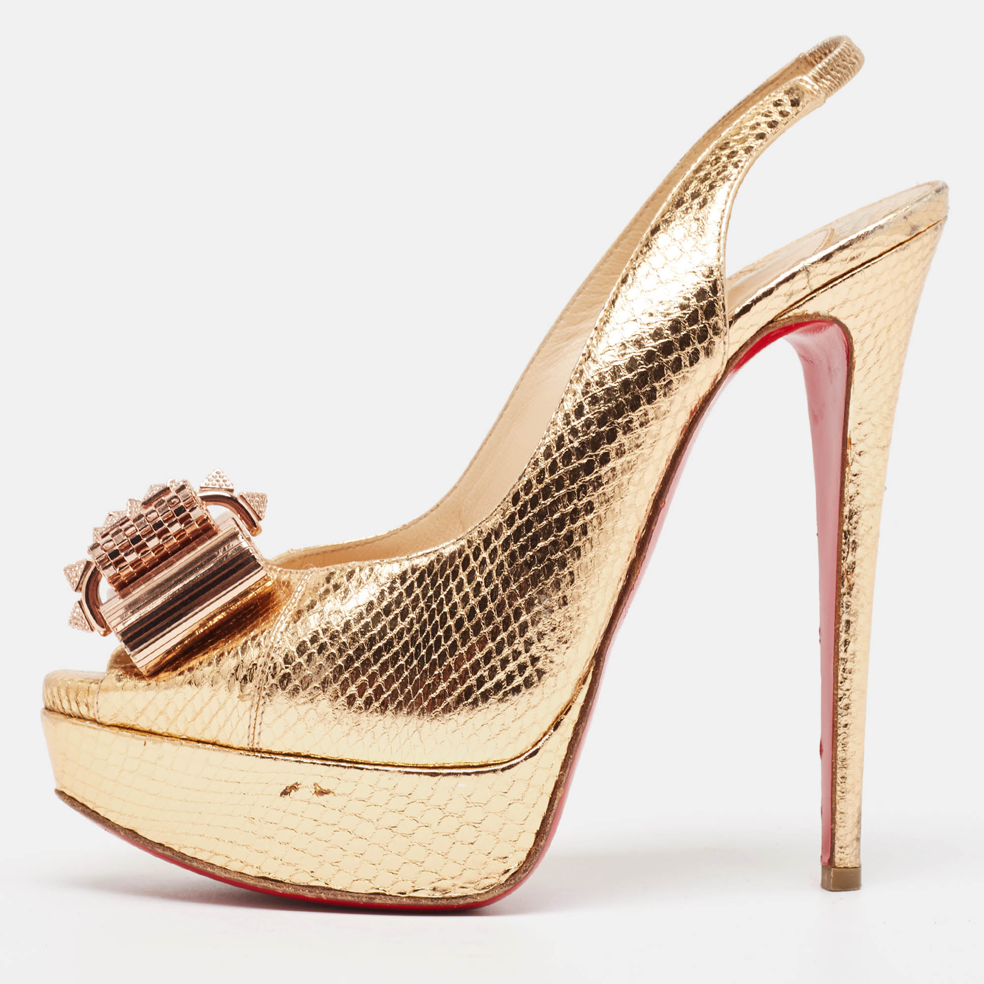 Christian louboutin metallic snake embossed nodo slingback pumps size 38