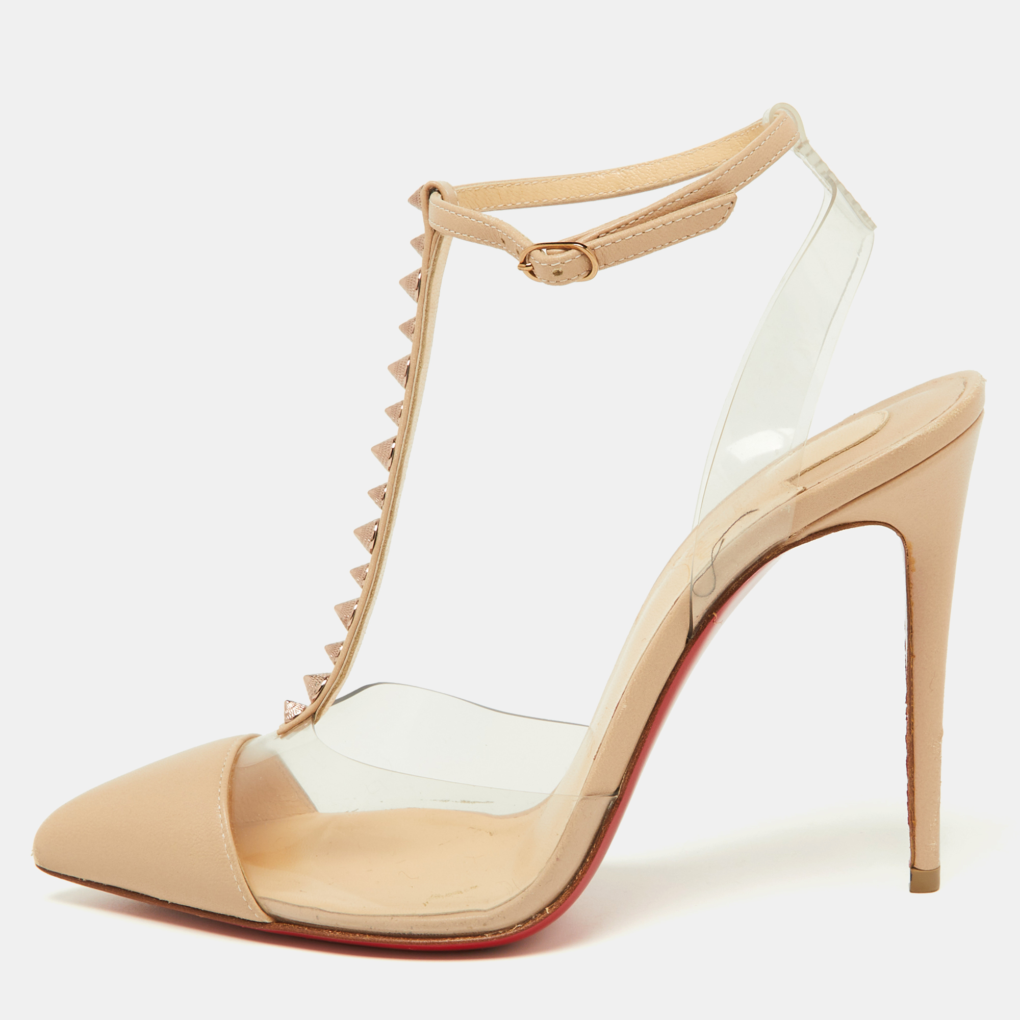 Christian louboutin beige leather and pvc nosy t-strap slingback pumps size 36