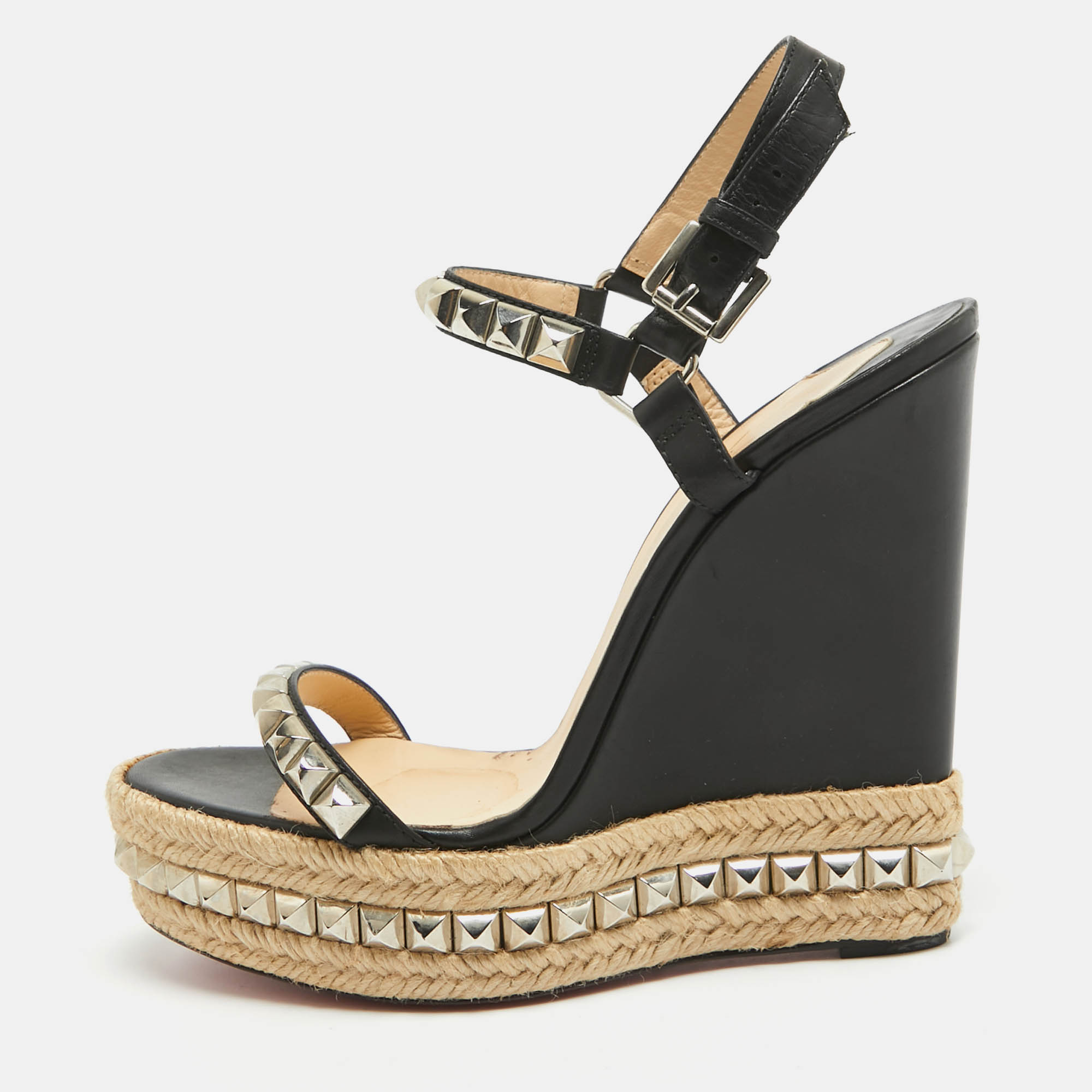 

Christian Louboutin Black Leather Pyraclou Wedge Sandals Size