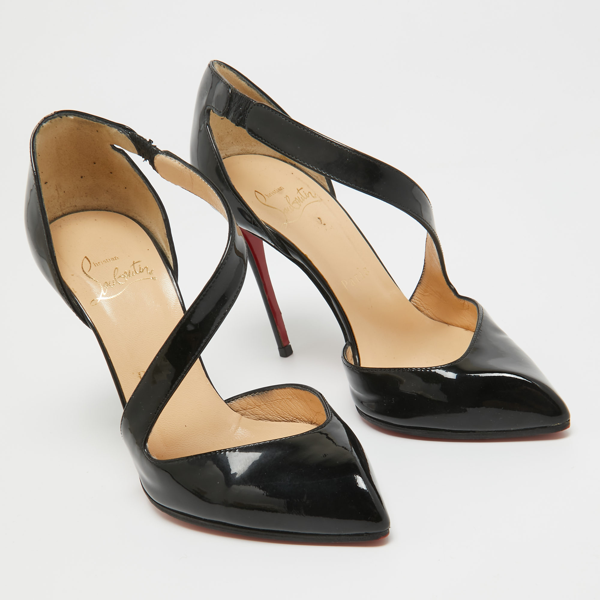 Christian Louboutin Black Patent Leather Opgrade Cross Strap Pumps Size 34