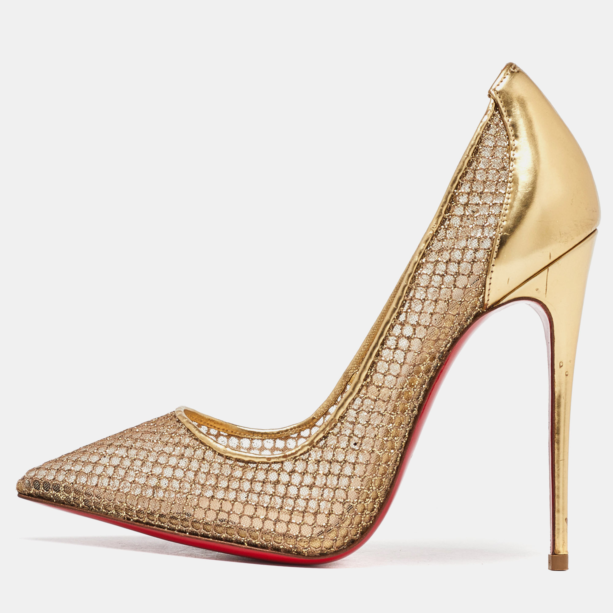 Christian louboutin gold glitter mesh and leather fishnet pointed toe pumps size 36