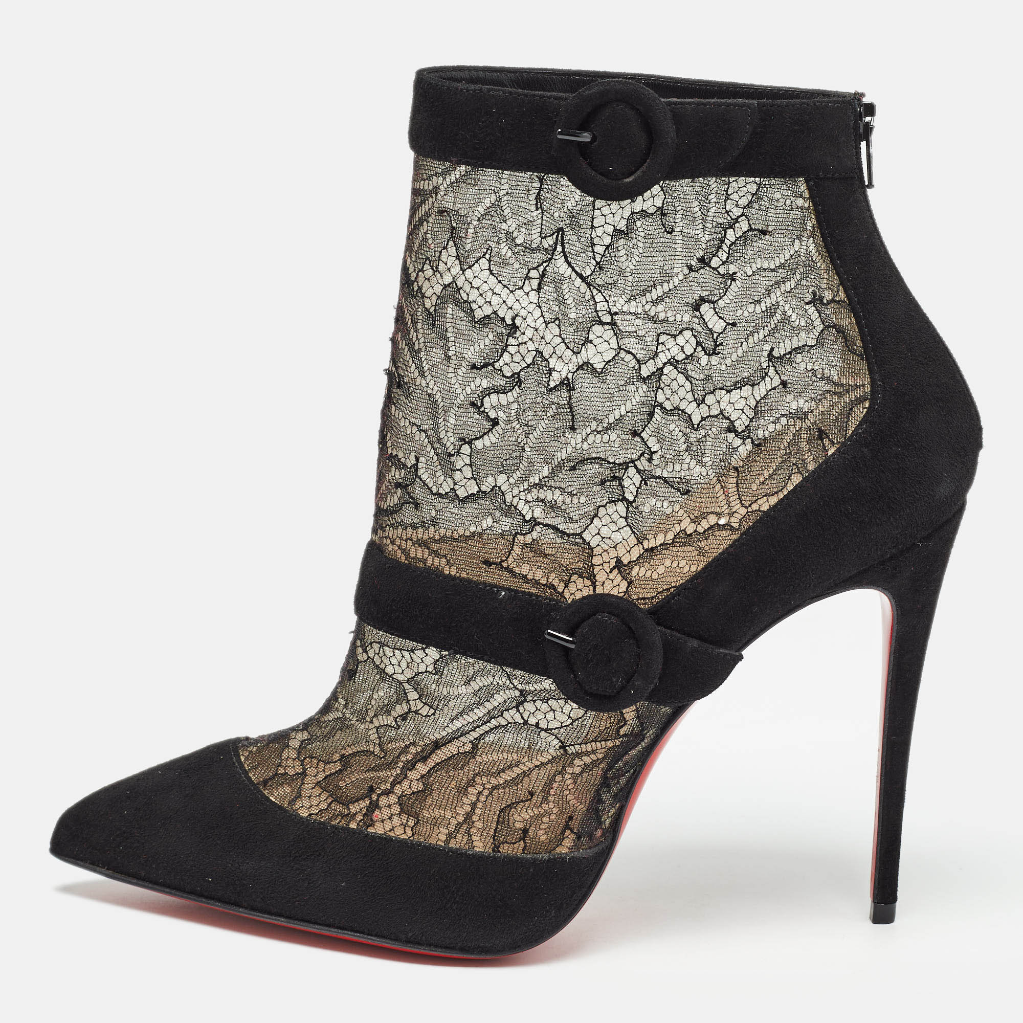 Christian louboutin black suede and lace boteboot booties size 39.5