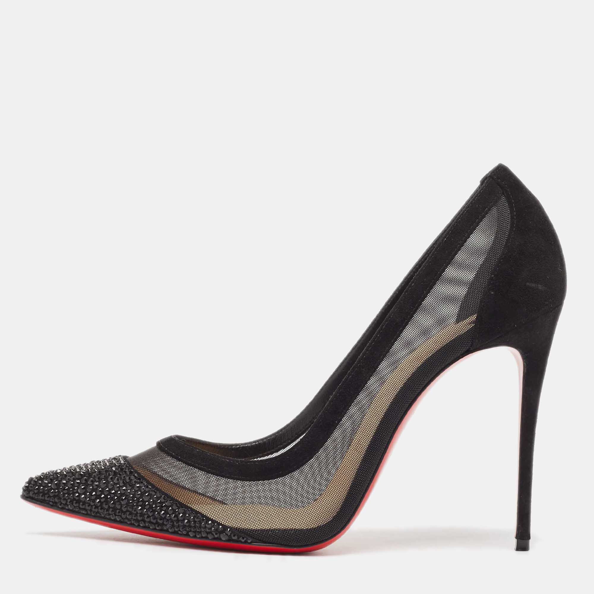 Christian louboutin black mesh and suede galativi strass pumps size 39.5