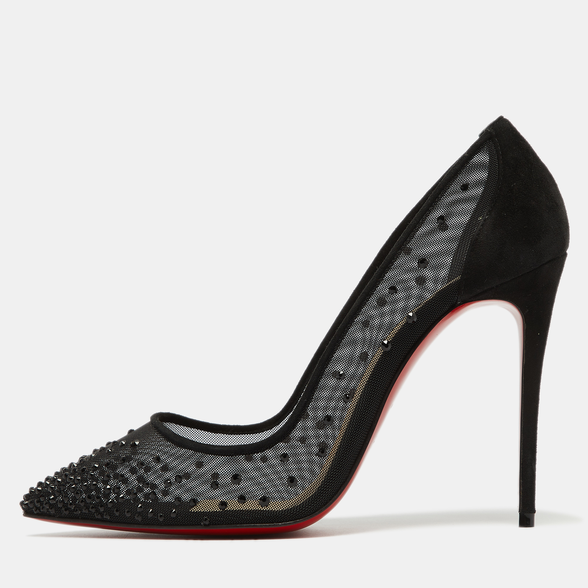 Christian louboutin black suede and mesh follies strass pumps size 37.5