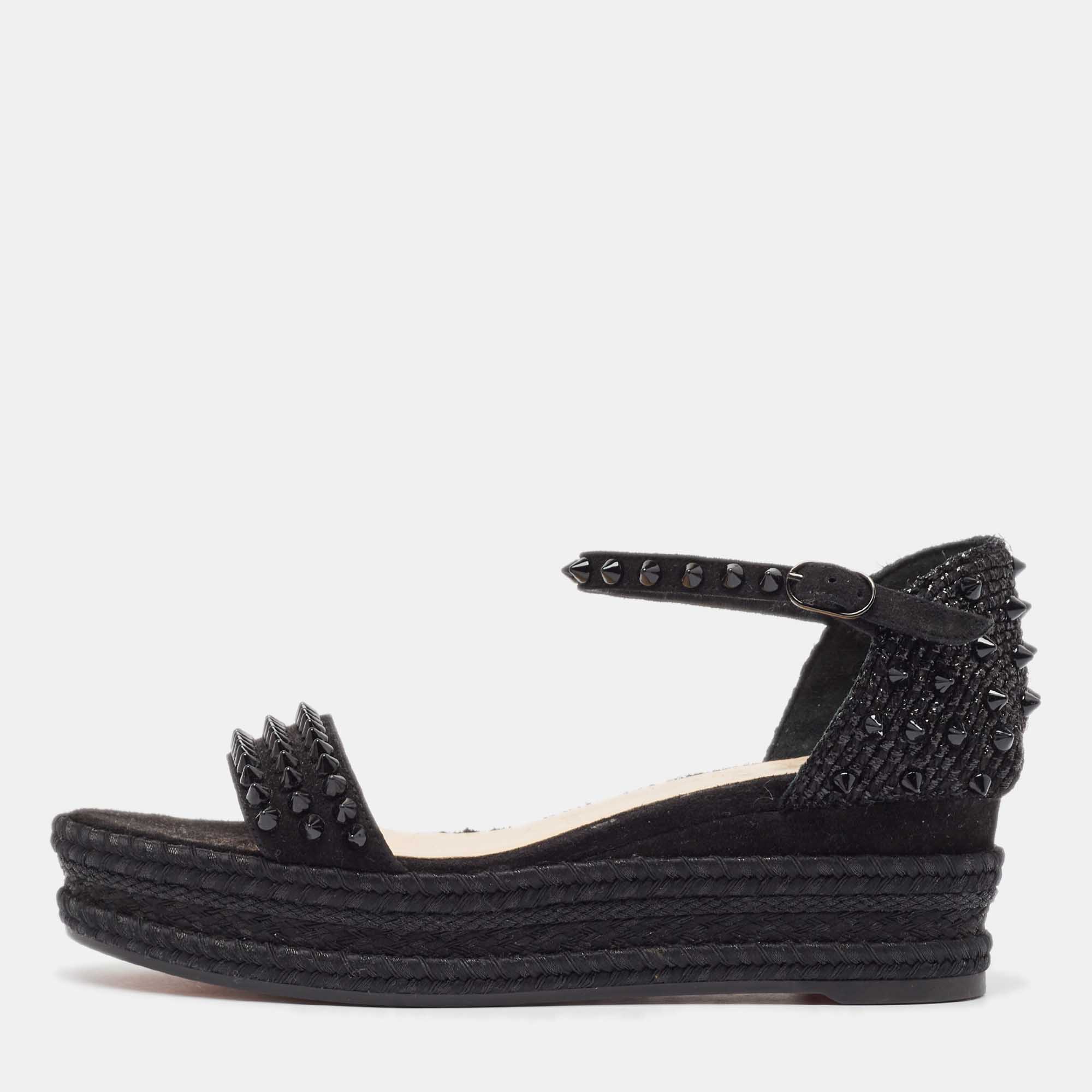 Christian louboutin black suede and raffia madmonica sandals size 37