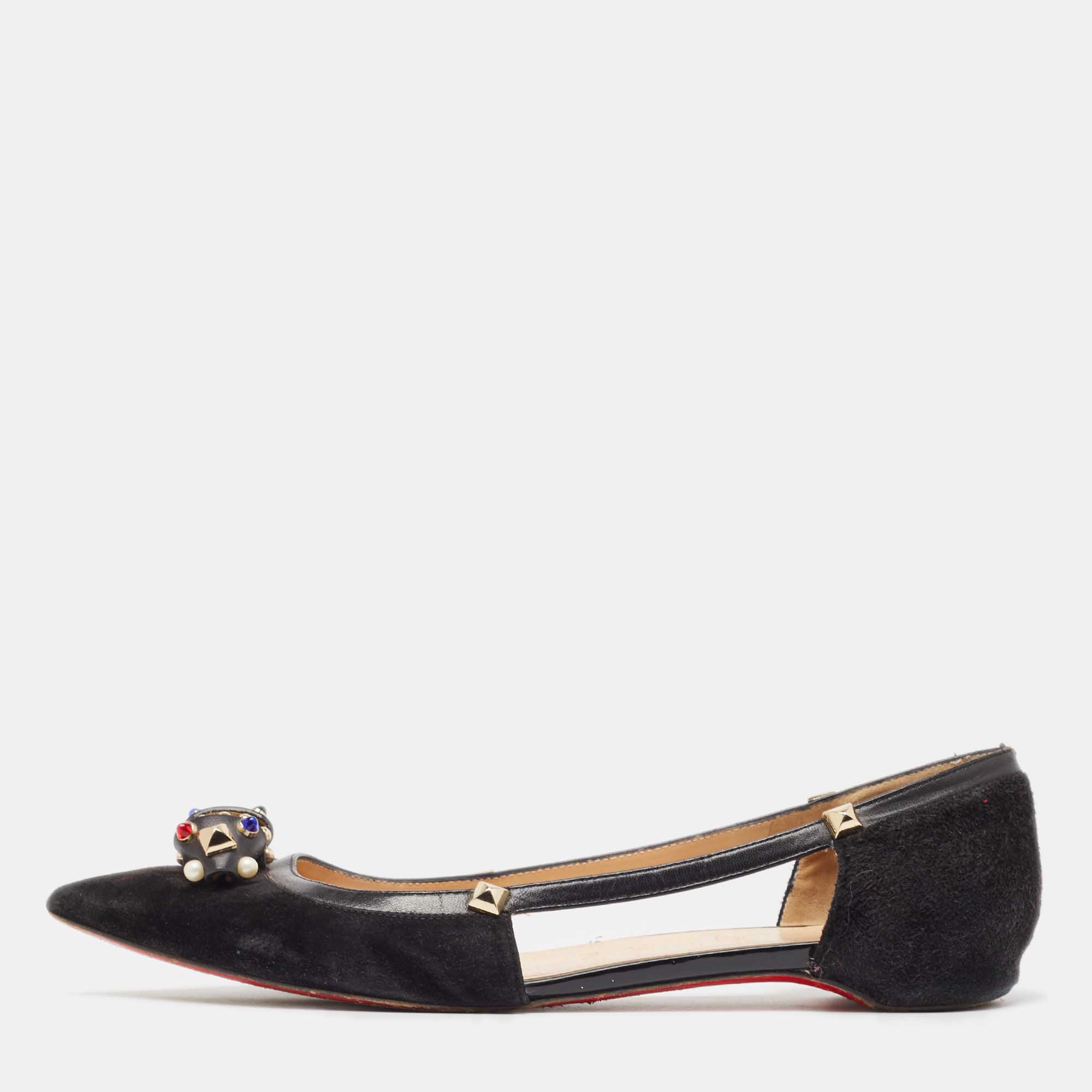 Christian louboutin black suede and leather tudor young ballet flats size 41