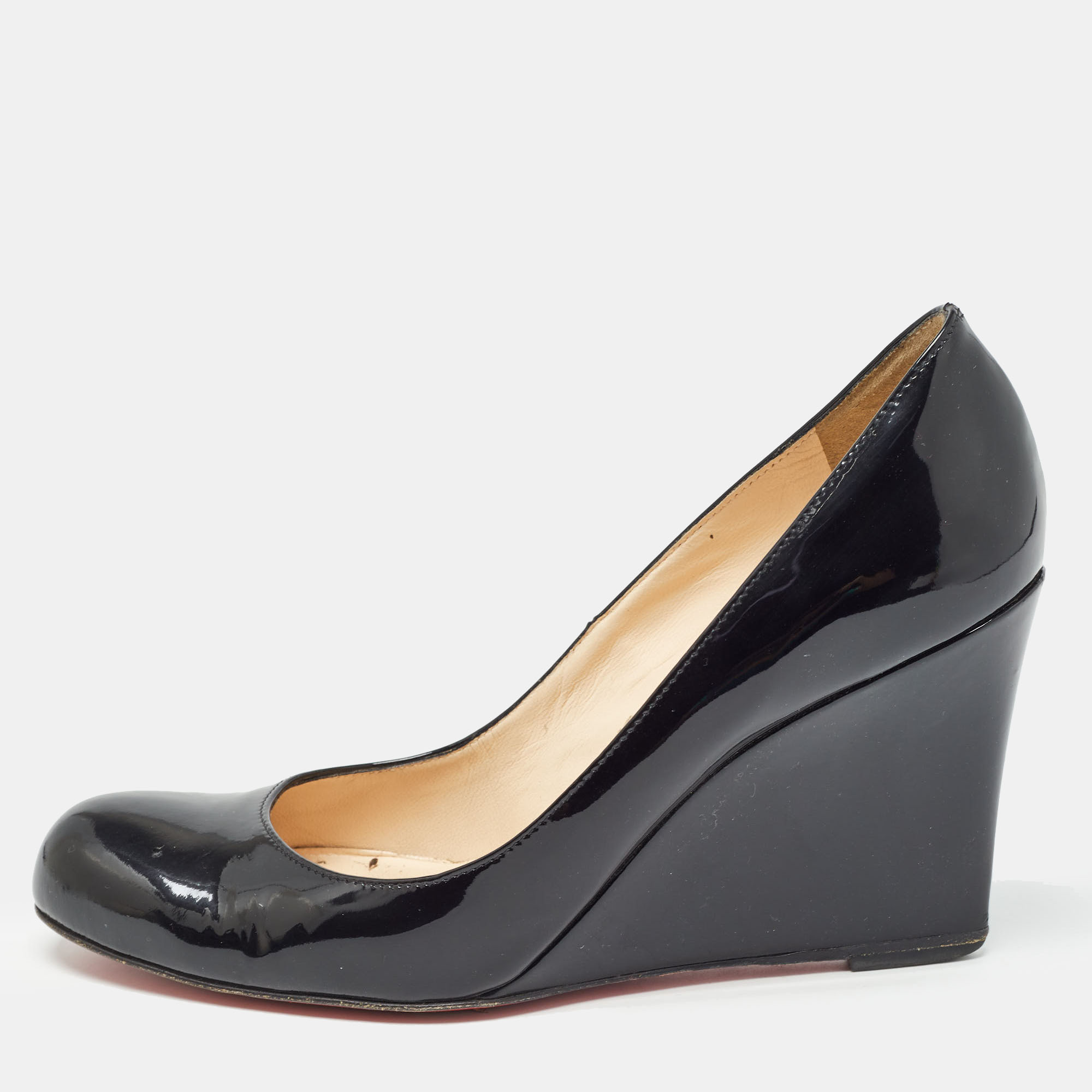 Christian louboutin black patent leather ron ron wedge pumps size 38.5