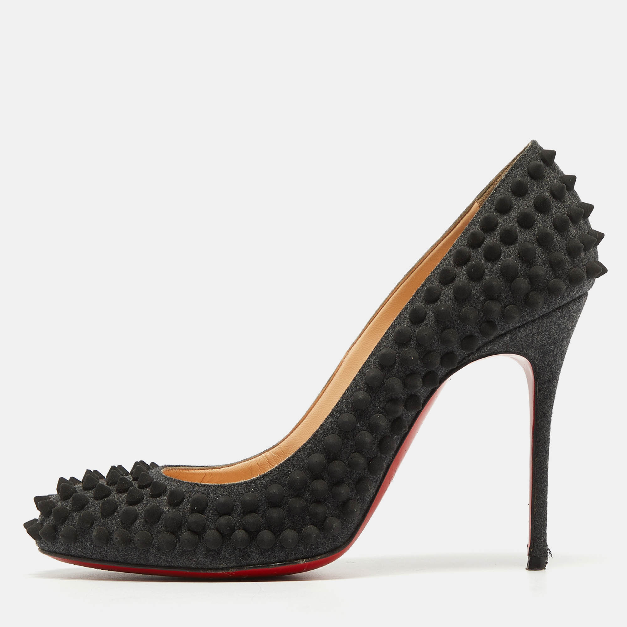 Christian louboutin black shearling fur spike accents pumps size 38