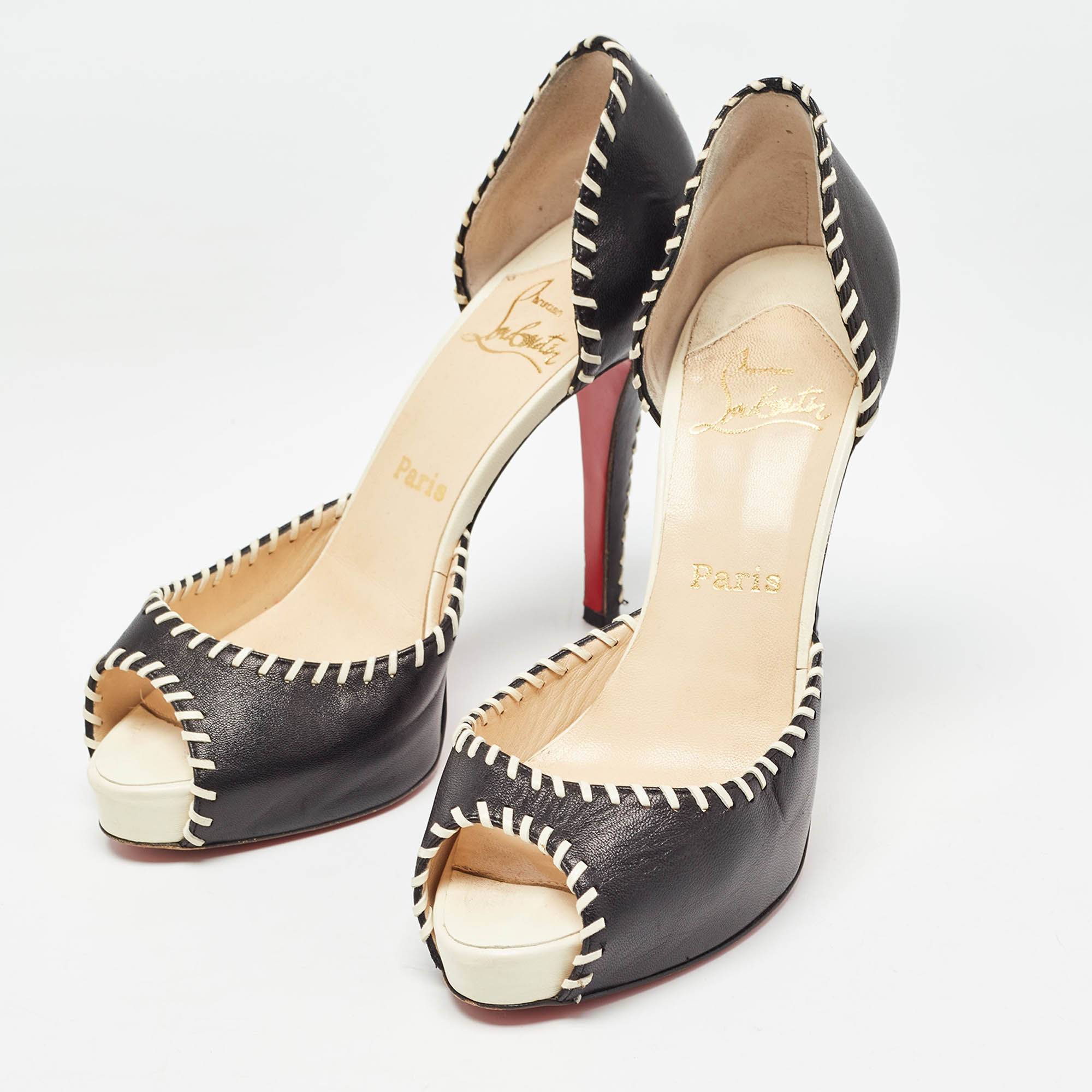 Christian Louboutin Black Leather Whipstitch Detail Peep Toe D'Orsay Pumps Size 37.5