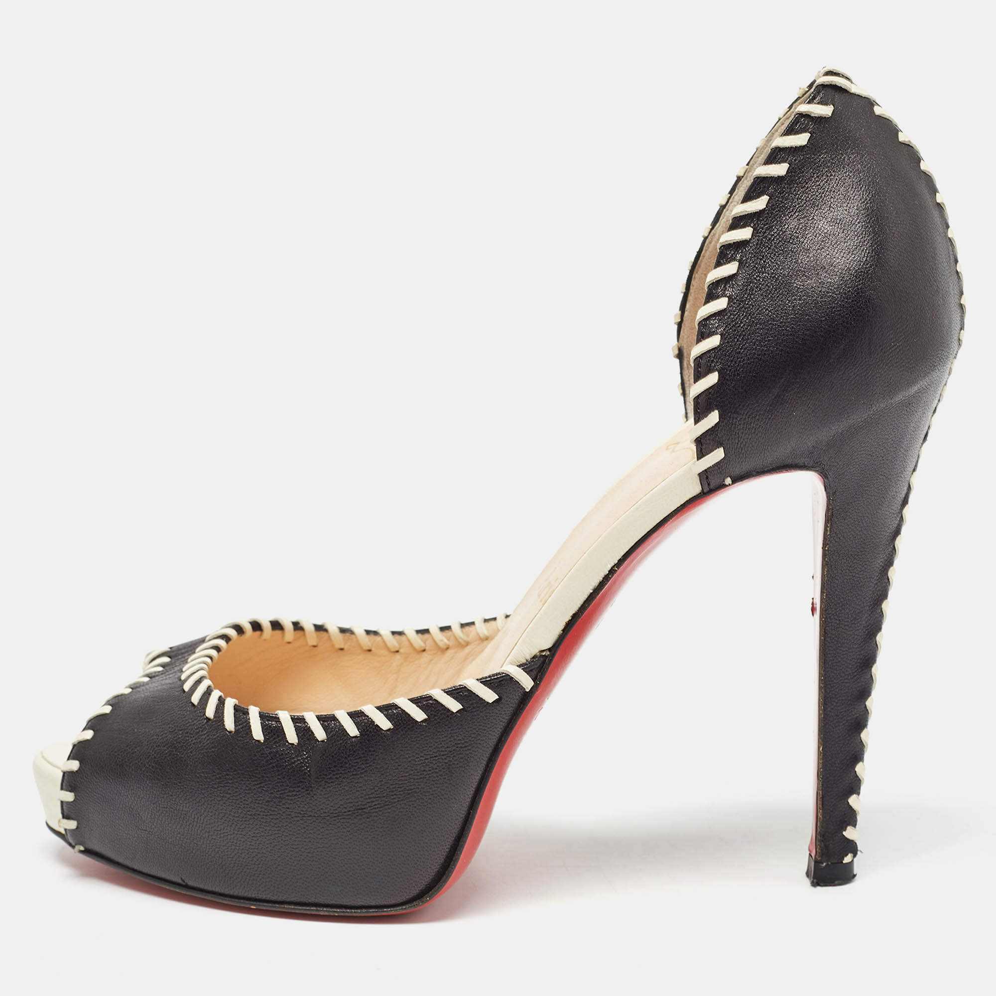 Christian louboutin black leather whipstitch detail peep toe d'orsay pumps size 37.5