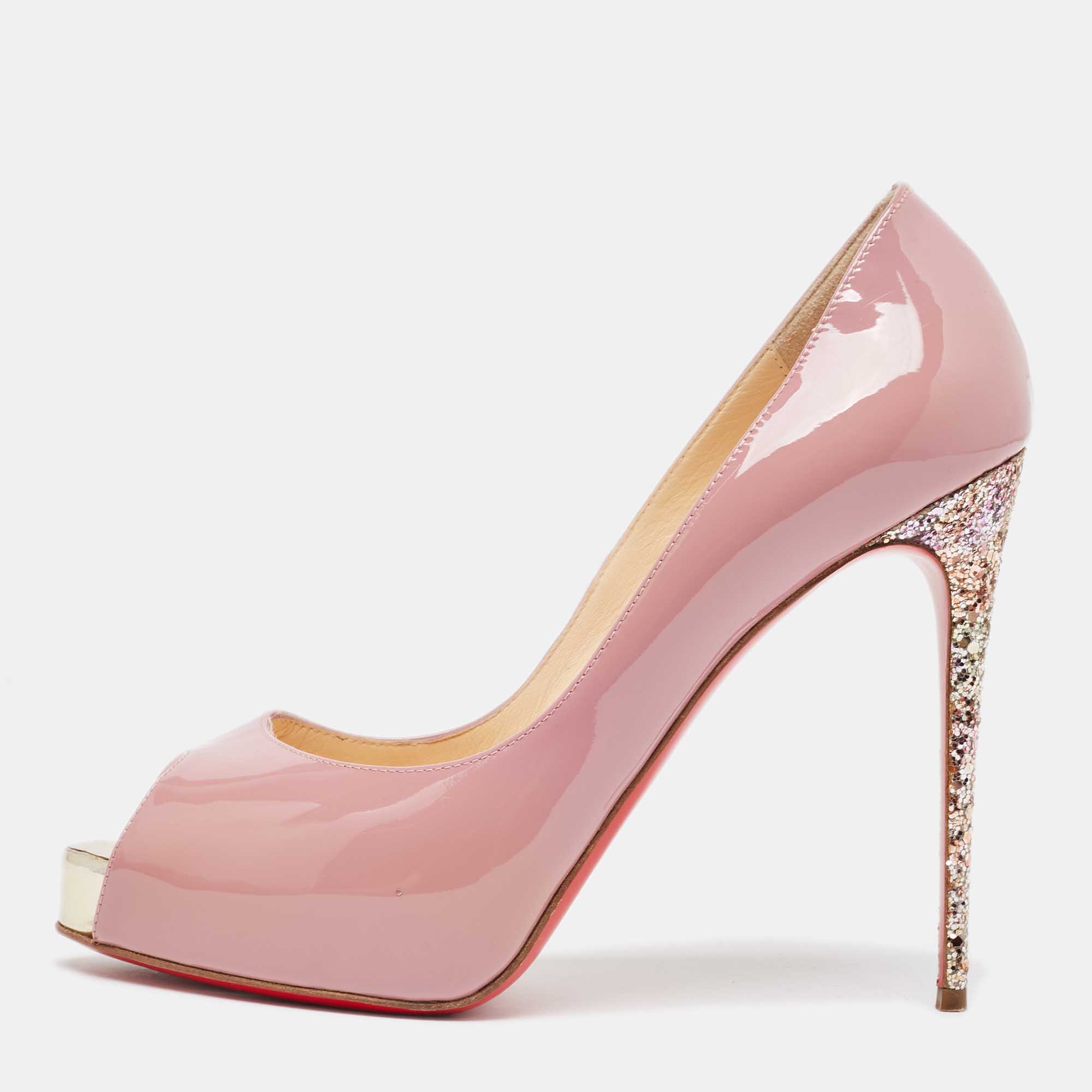 Christian louboutin pink patent leather new very prive glitter pumps size 37.5