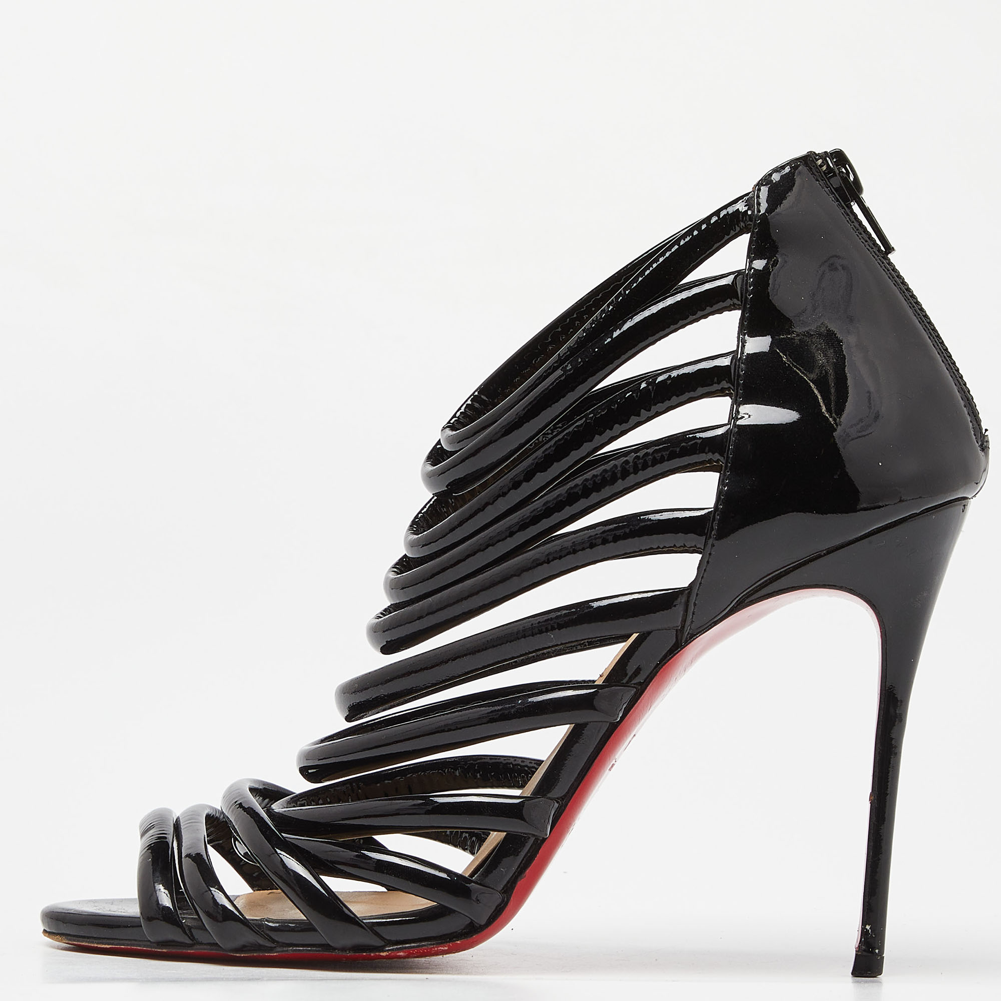 Christian louboutin black patent leather strappy open toe pumps size 39.5
