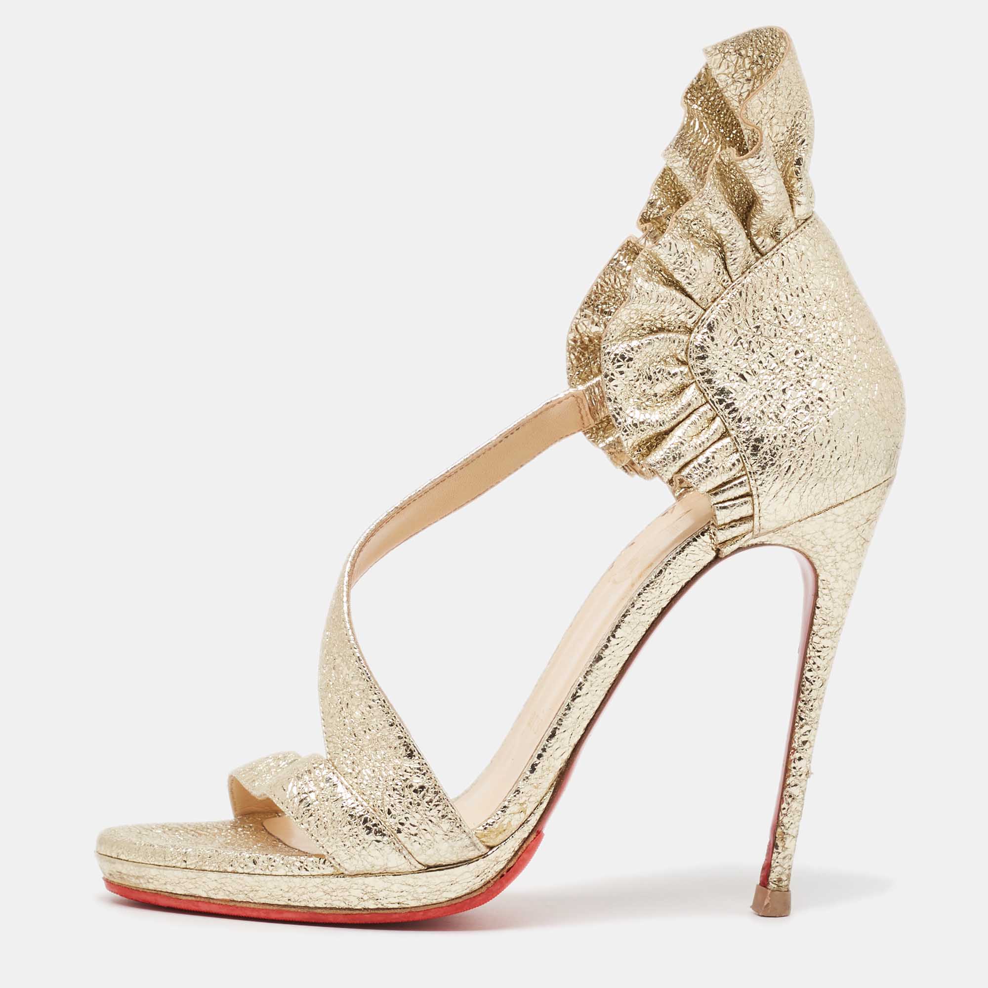 Christian louboutin gold texture leather ruffle embellishment sandals size 37