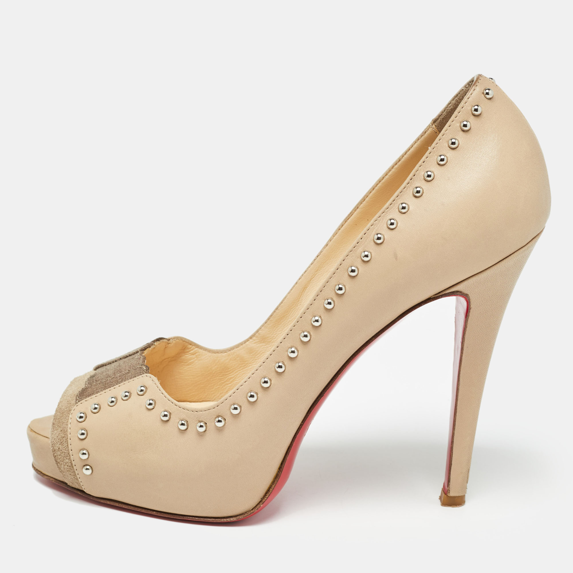 Christian louboutin beige leather and suede open toe  pumps size 37.5