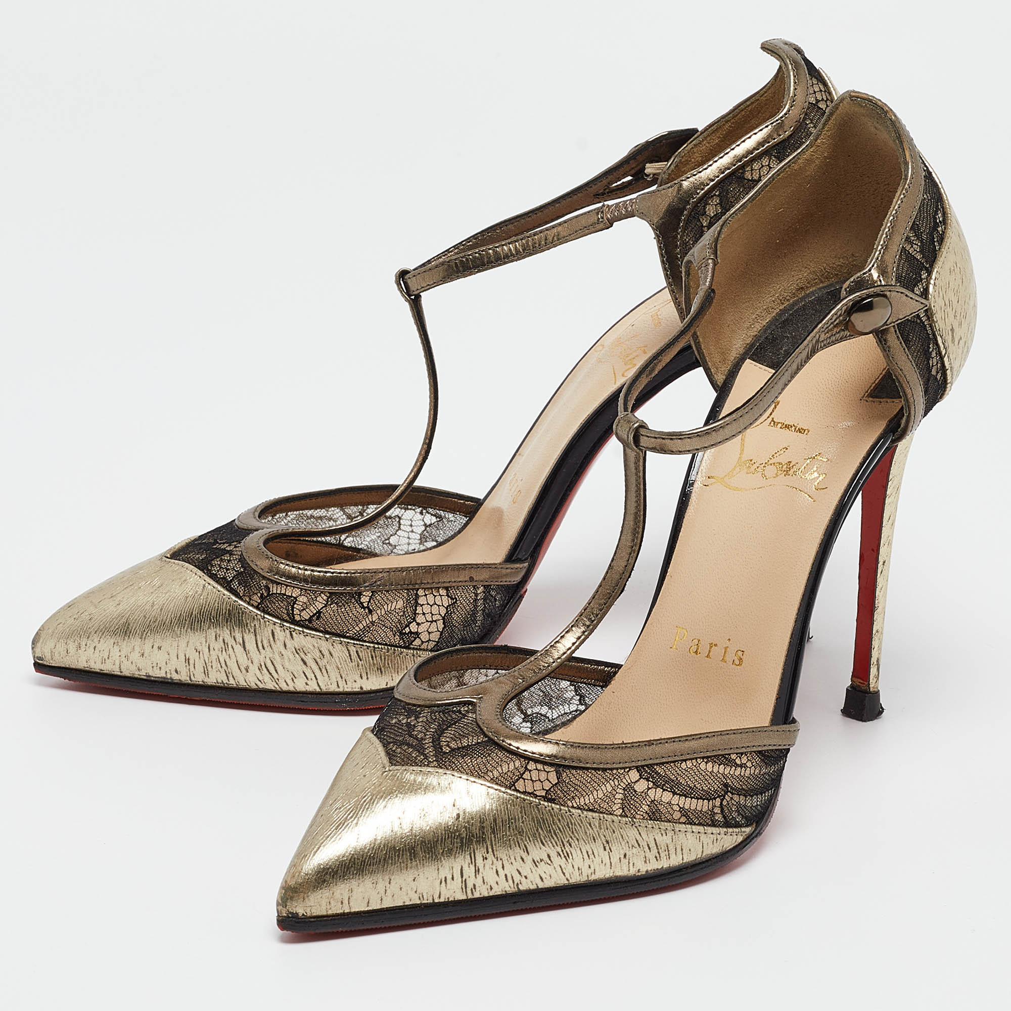 Christian Louboutin Gold Leather Pointed Toe Pumps Size 36.5