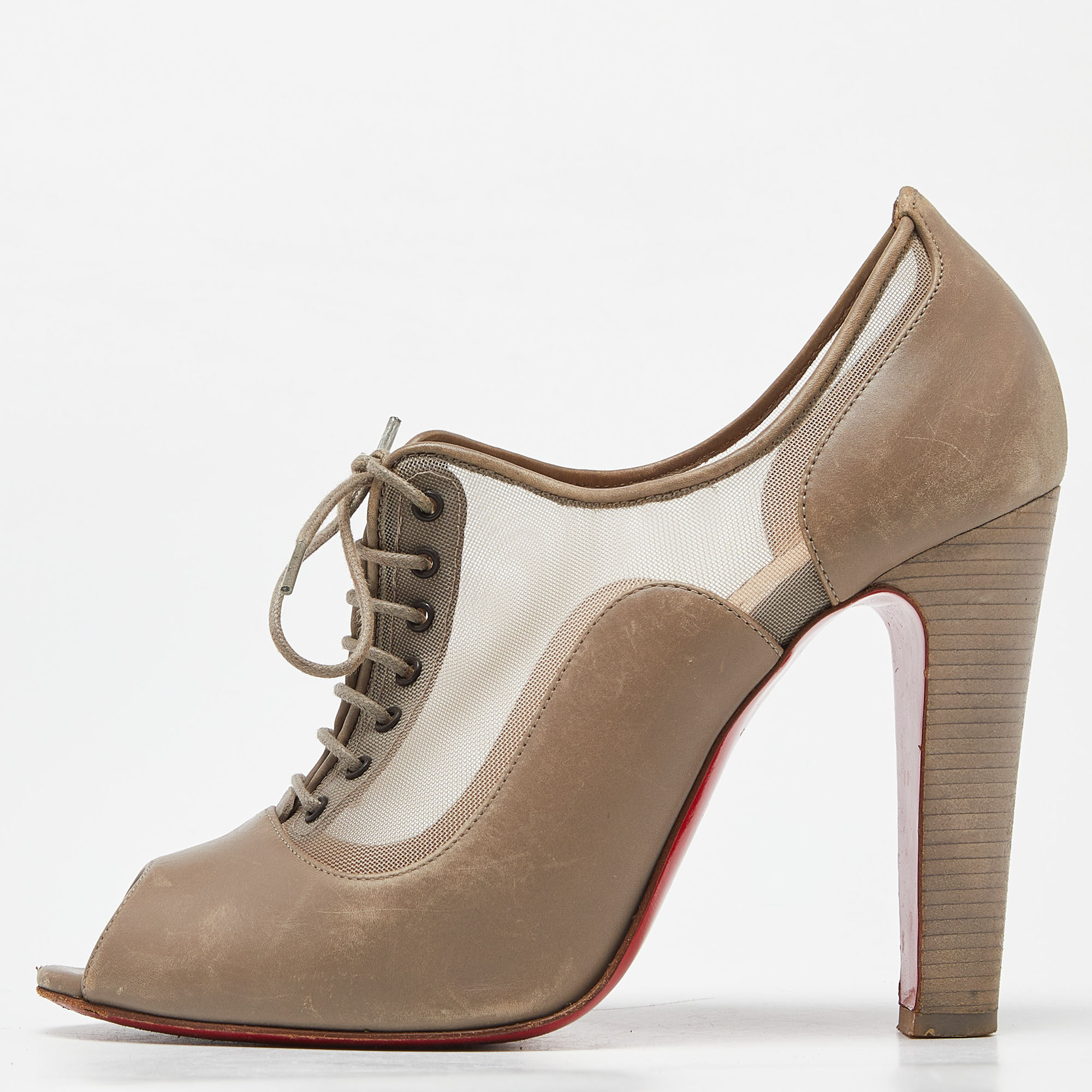 Christian louboutin beige mesh and leather flannel lady peep toe lace up oxford booties size 38.5