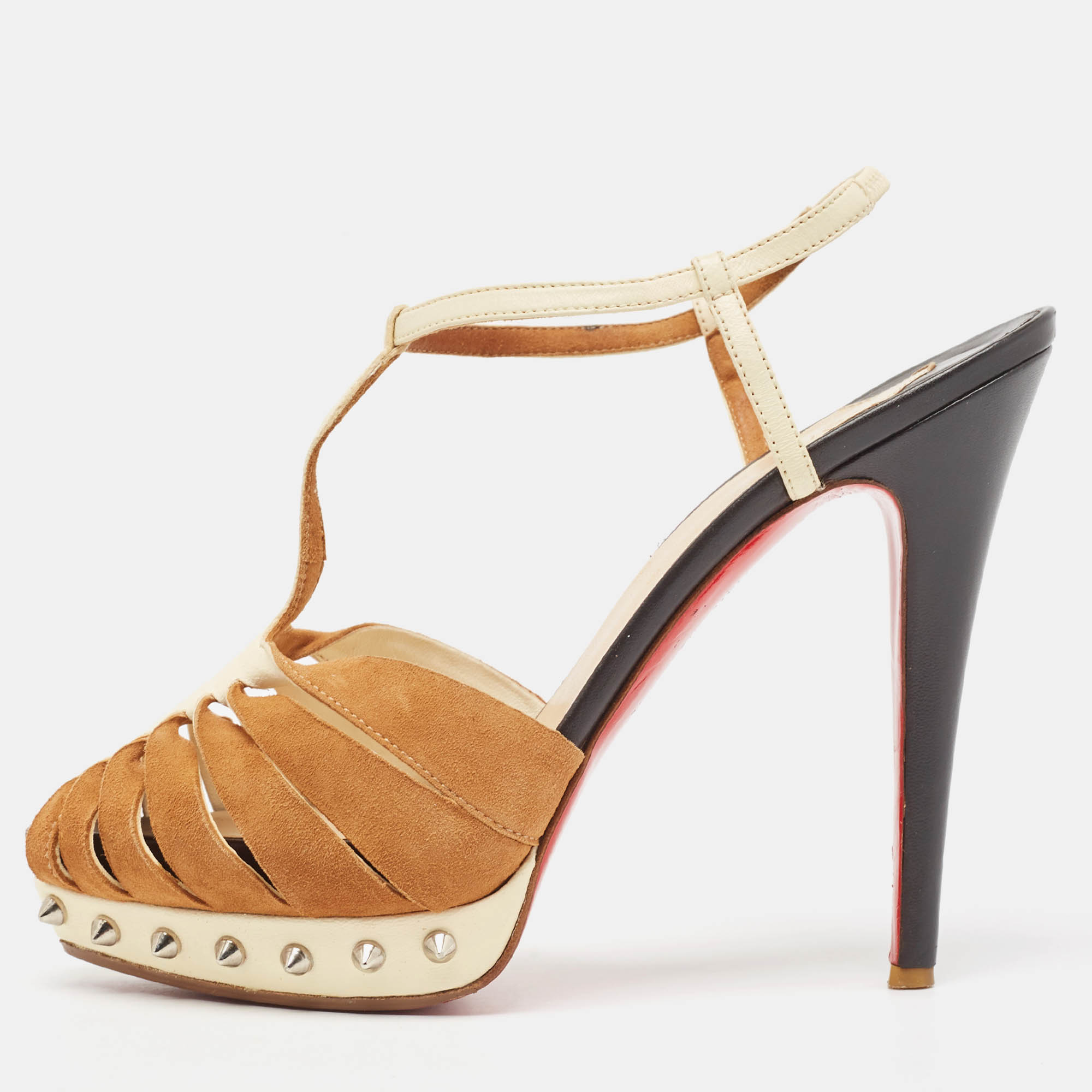Christian louboutin brown/beige suede and leather zigounette spiked sandals size 38