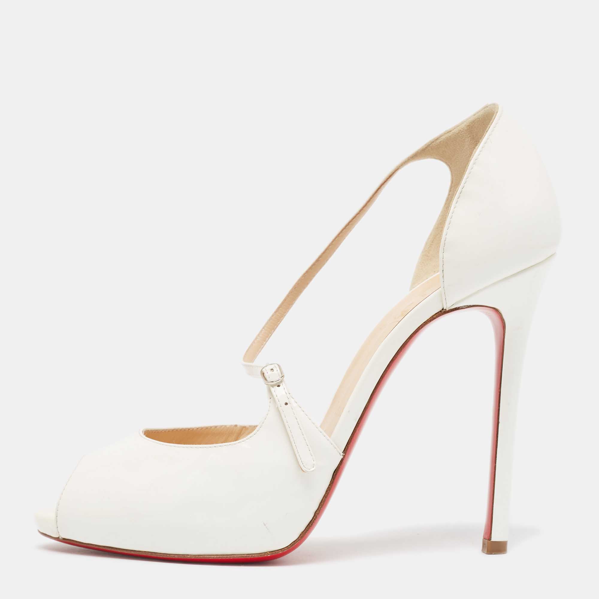 Christian louboutin white patent leather peep toe d'orsay pumps size 39.5