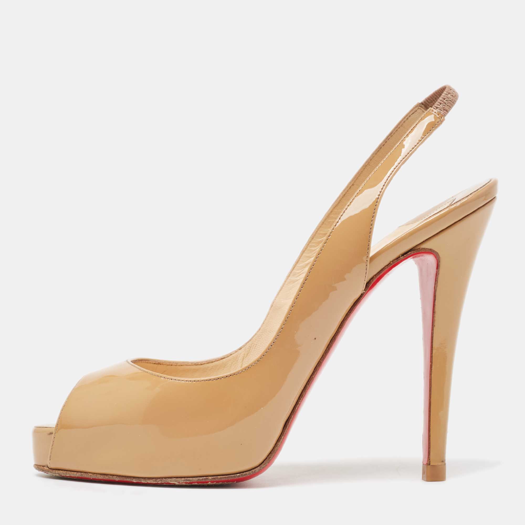 Christian louboutin beige patent leather no prive slingback pumps size 37