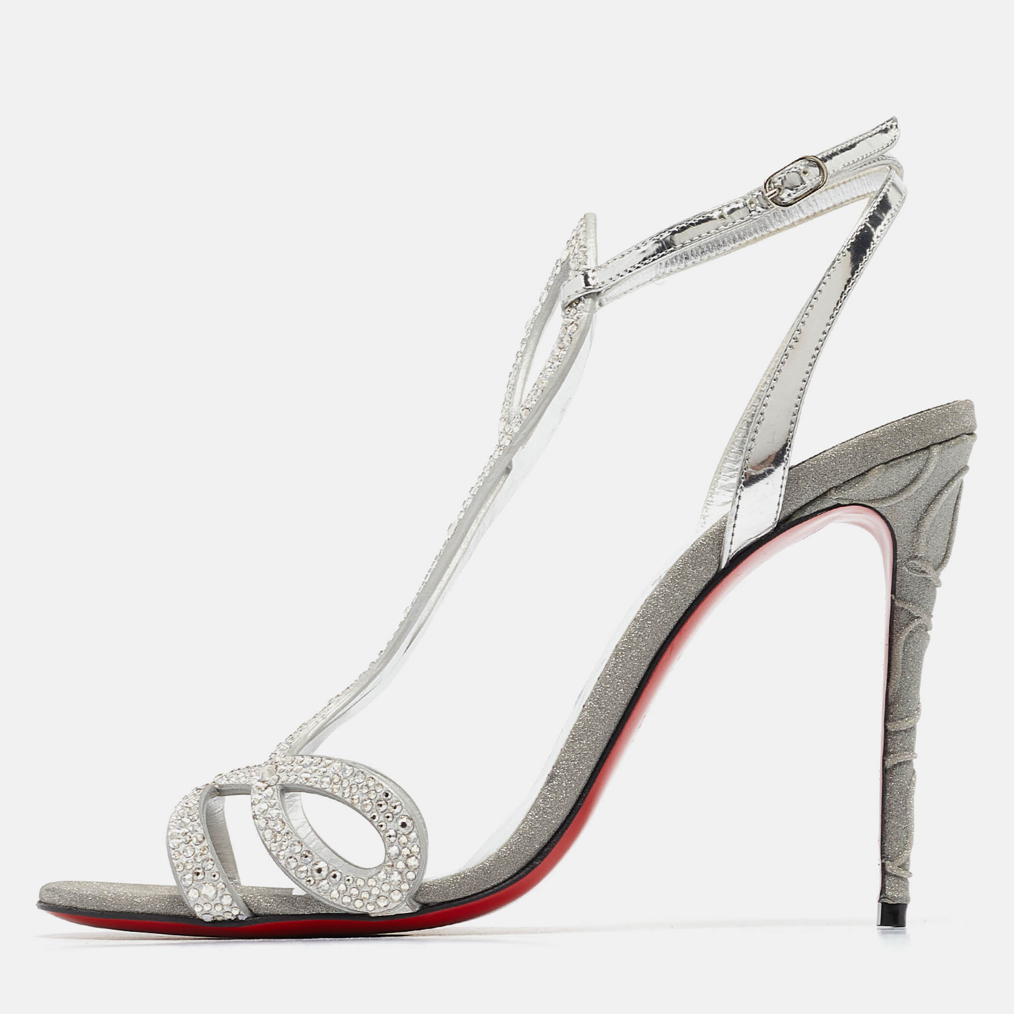 Christian louboutin silver leather crystal embellished double l sandals size 39