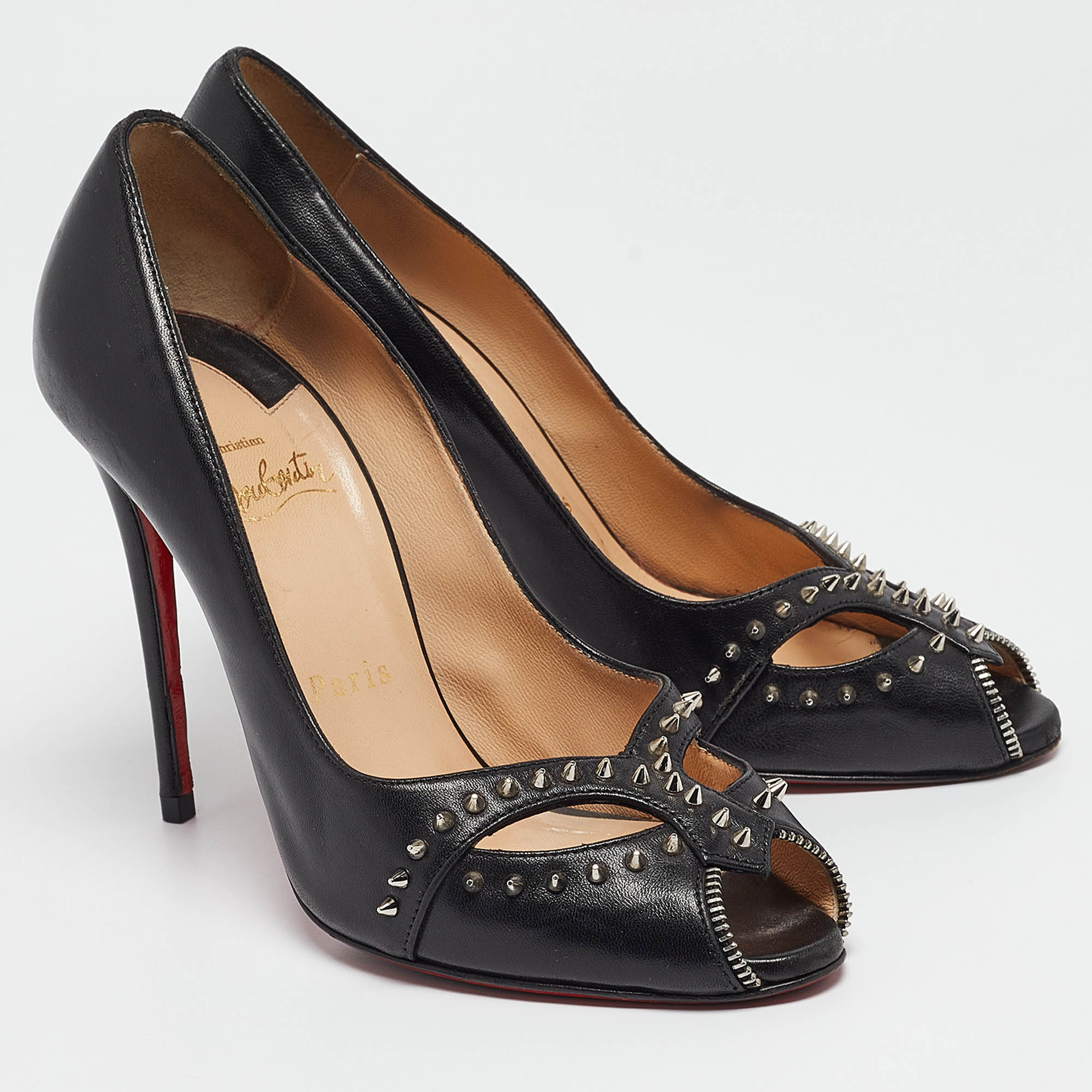 Christian Louboutin Black Leather Cagouletta Spike Cut Out Peep Toe Pumps Size 37