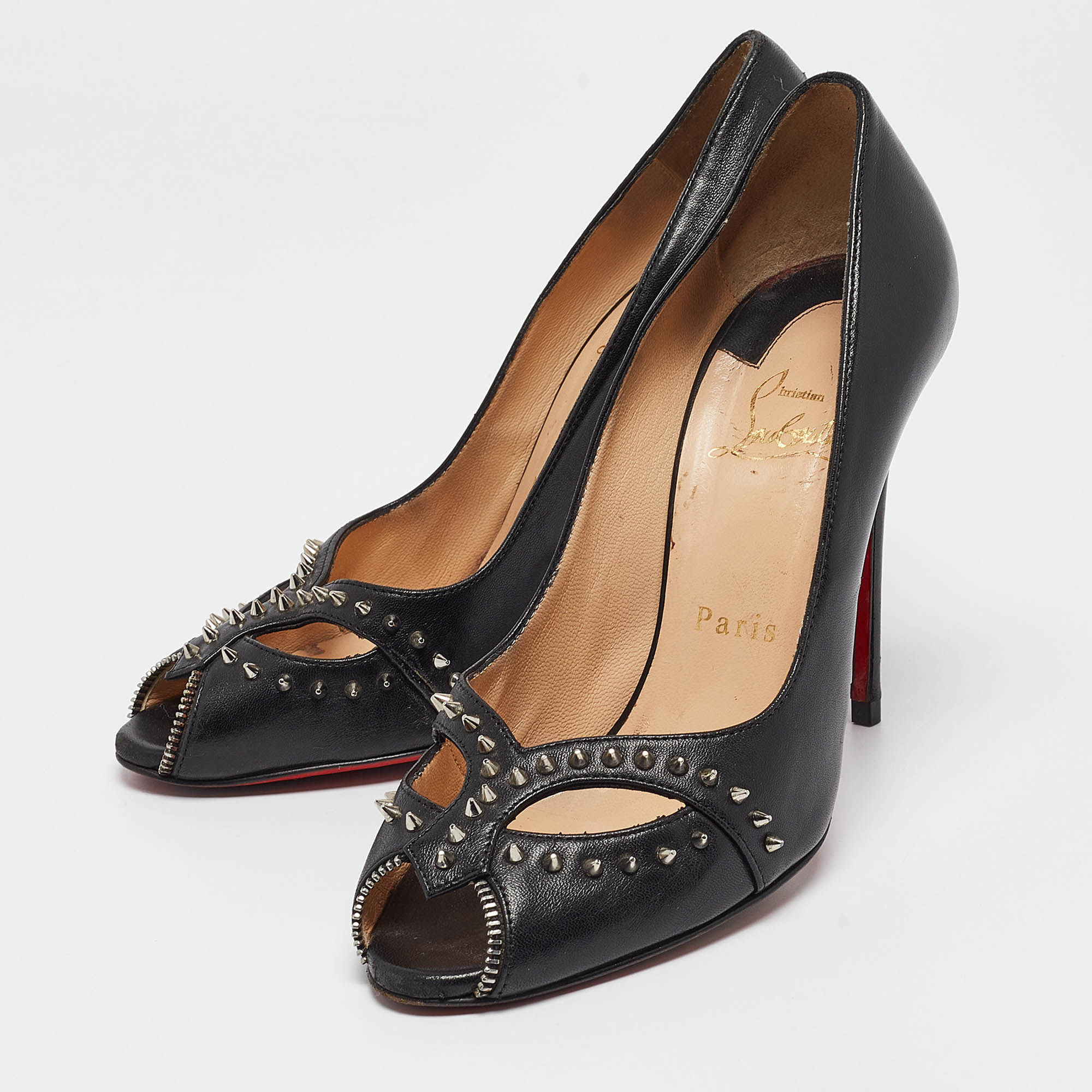 Christian Louboutin Black Leather Cagouletta Spike Cut Out Peep Toe Pumps Size 37