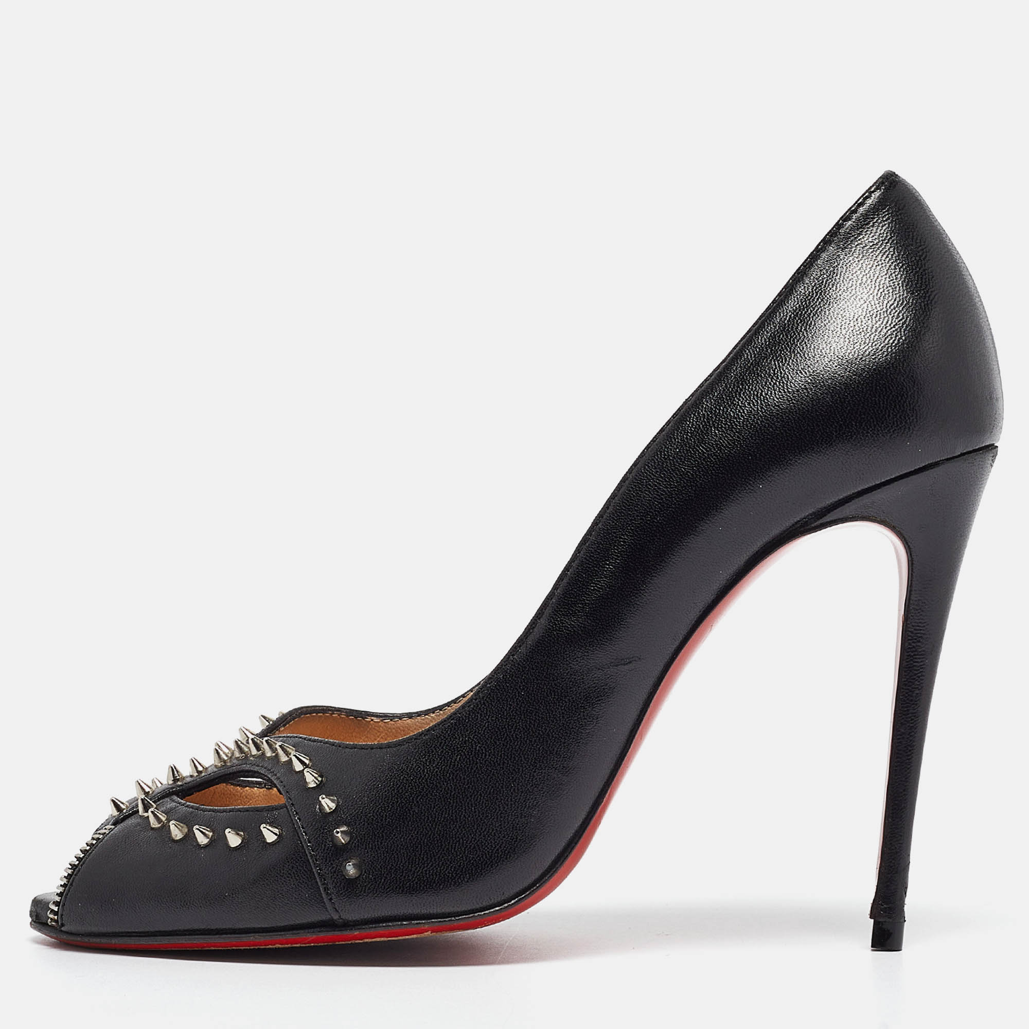 Christian louboutin black leather cagouletta spike cut out peep toe pumps size 37