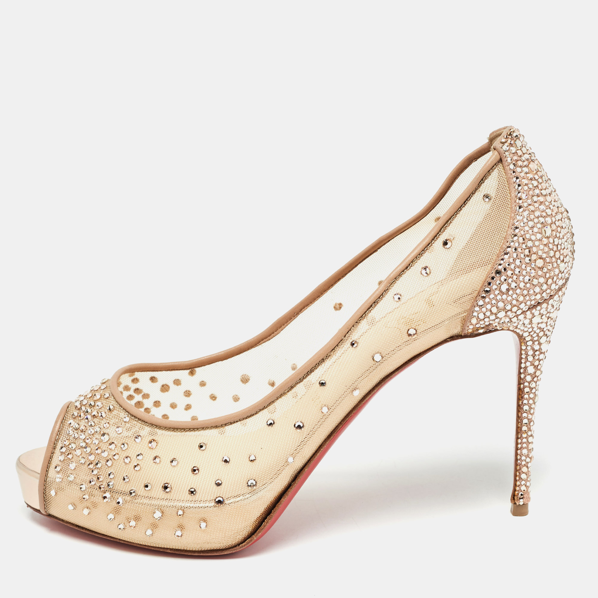 Christian louboutin beige crystal embellished mesh and leather very strass peep toe pumps size 37