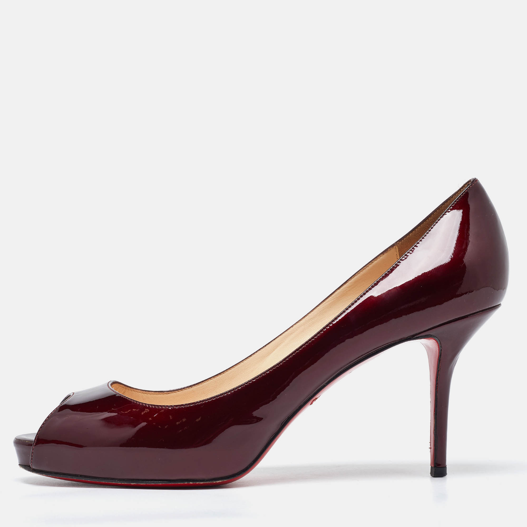 Christian louboutin burgundy patent leather lady claude peep toe pumps size 41
