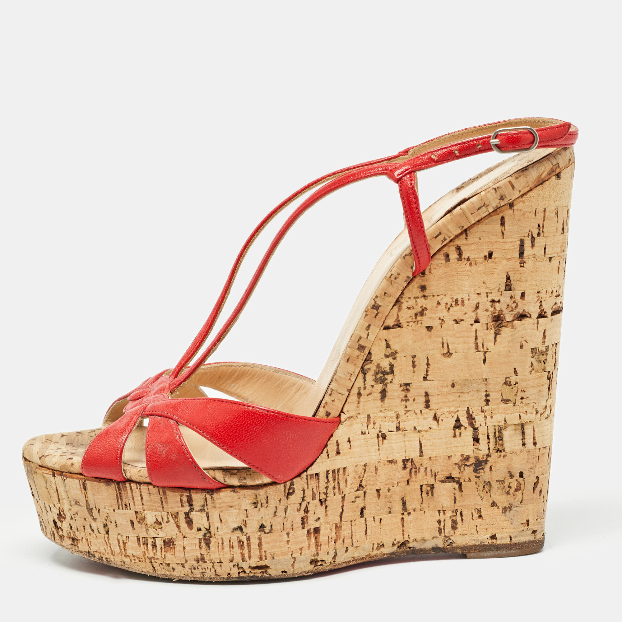 Christian louboutin red leather strappy cork wedge sandals size 38.5