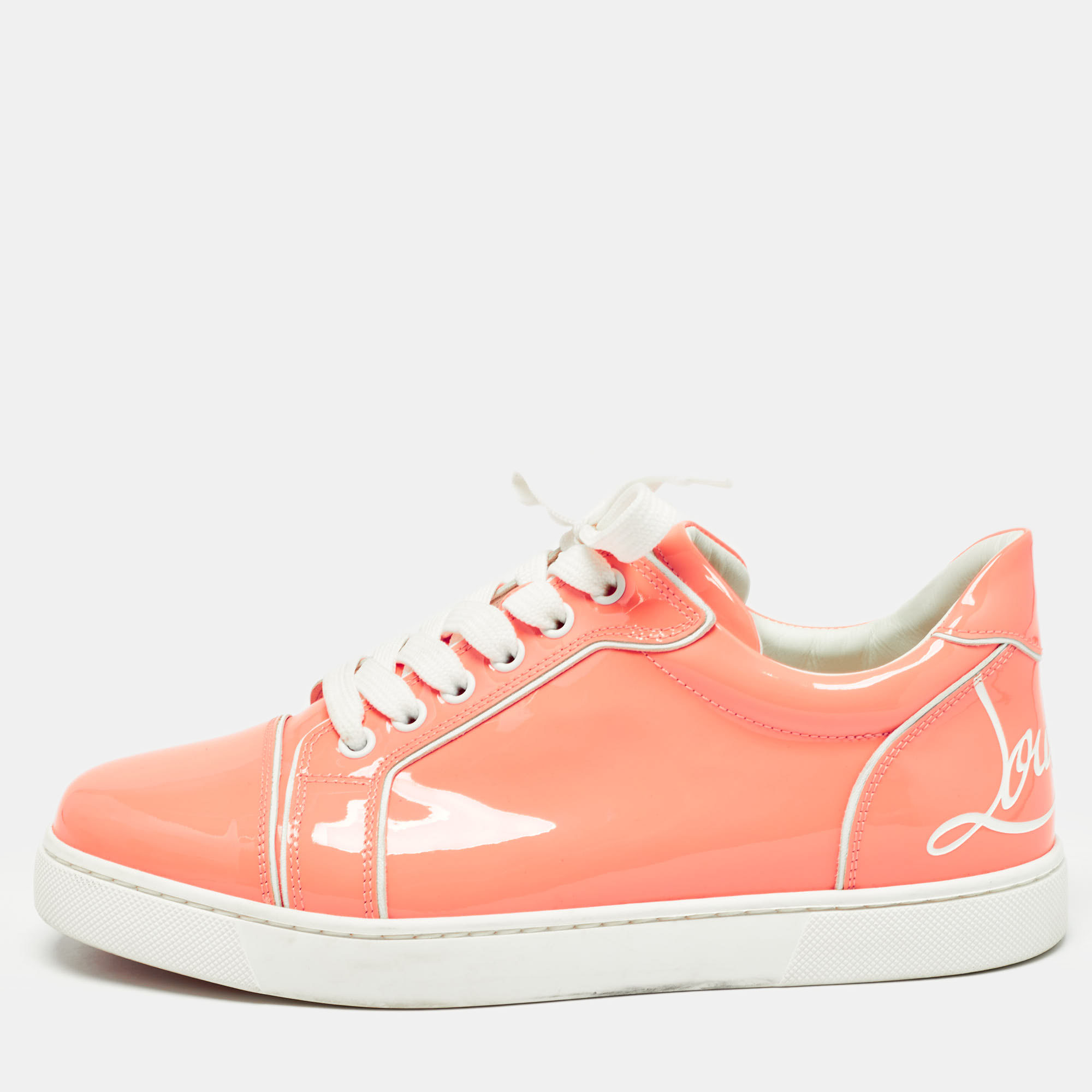 Christian louboutin light orange patent leather louis junior low top sneakers size 39