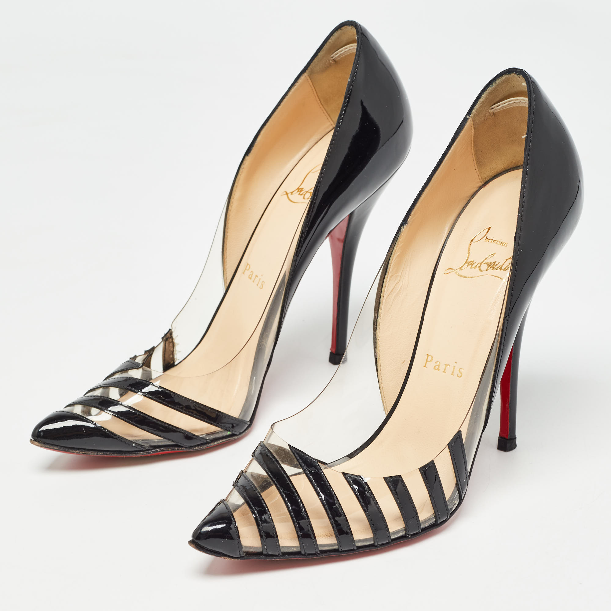 Christian Louboutin Black Patent Leather And PVC Pivichic Pumps Size 35.5