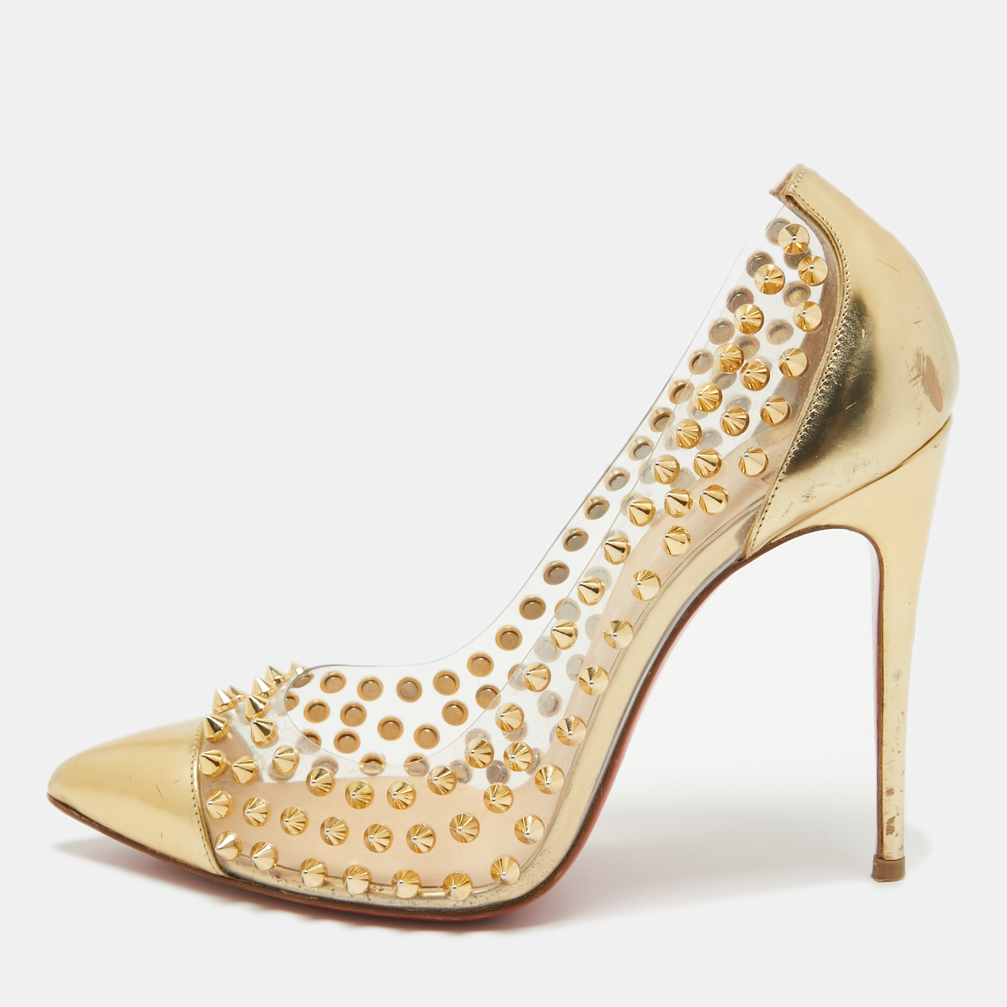 Christian louboutin gold leather and pvc spike me pumps size 37