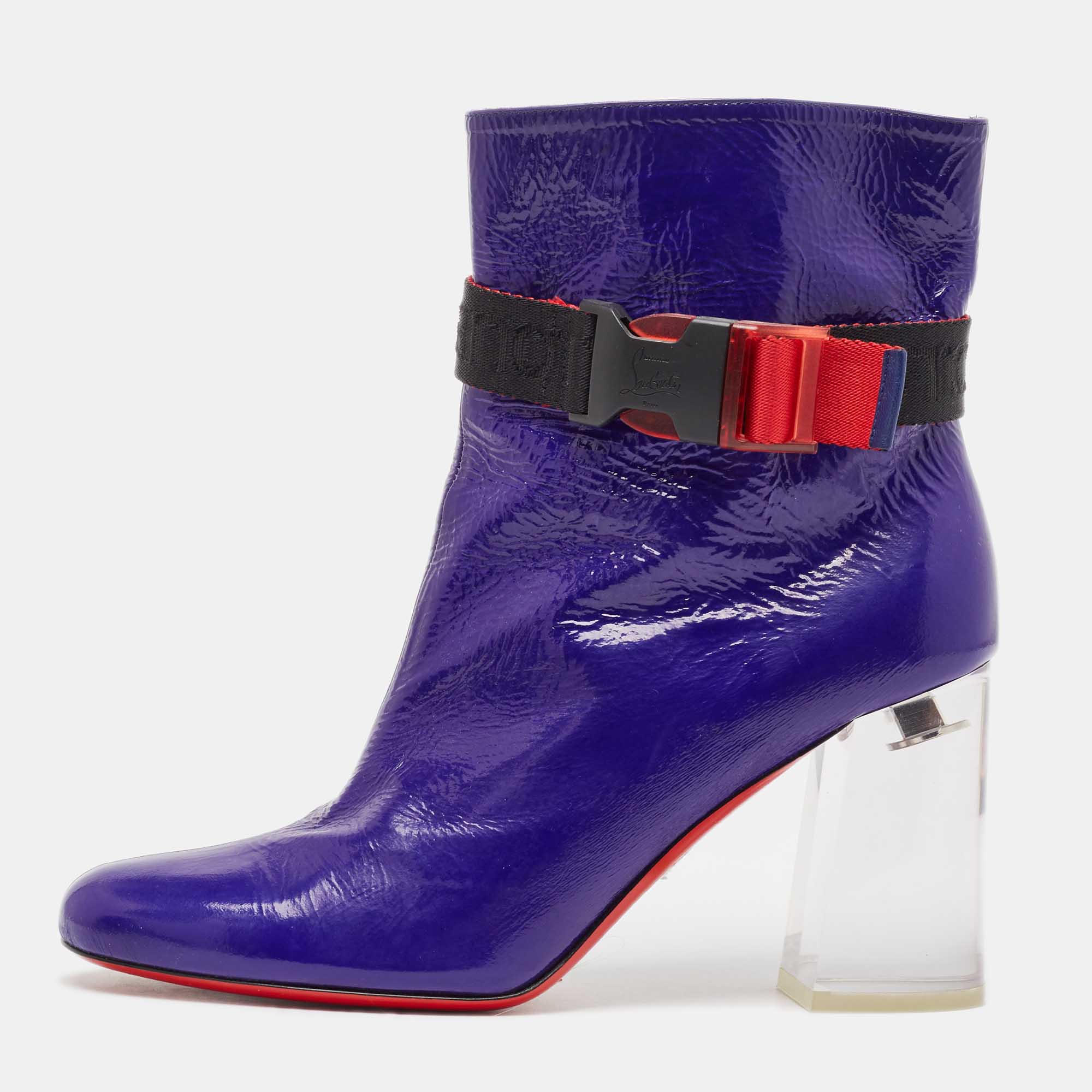Christian louboutin blue patent leather vogue plexi telesiege boots size 39