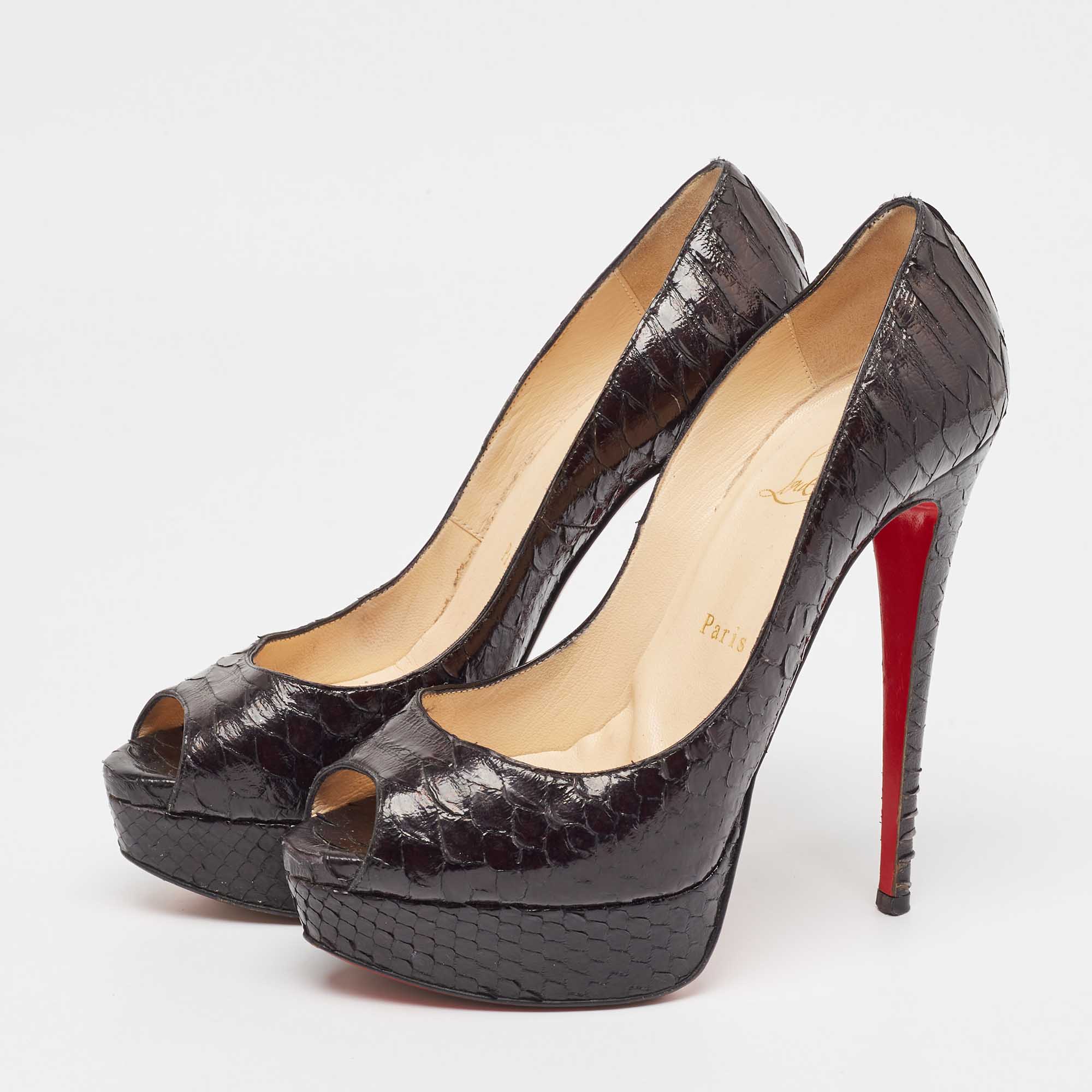 Christian Louboutin Black Python Leather Highness Peep Toe Platform Pumps Size 37.5