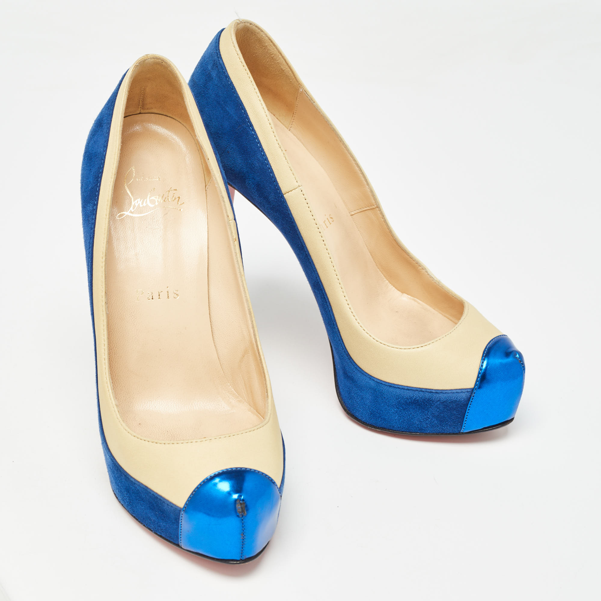 Christian Louboutin Blue/Light Yellow Suede And Leather Pumps Size 36