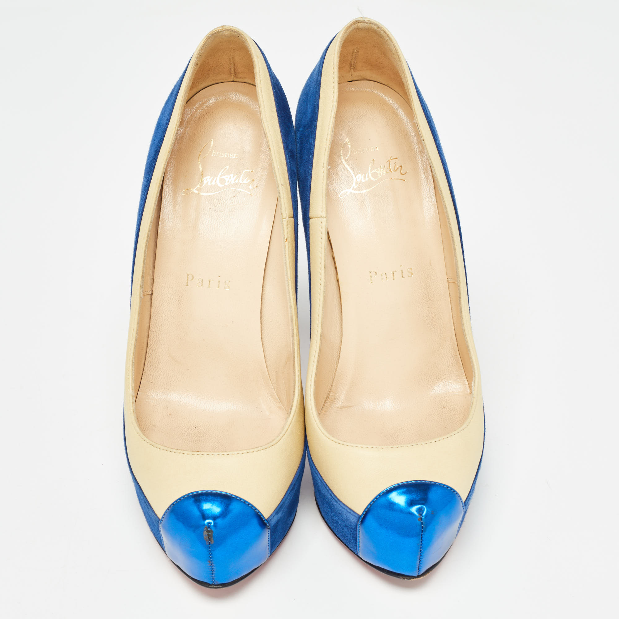 Christian Louboutin Blue/Light Yellow Suede And Leather Pumps Size 36