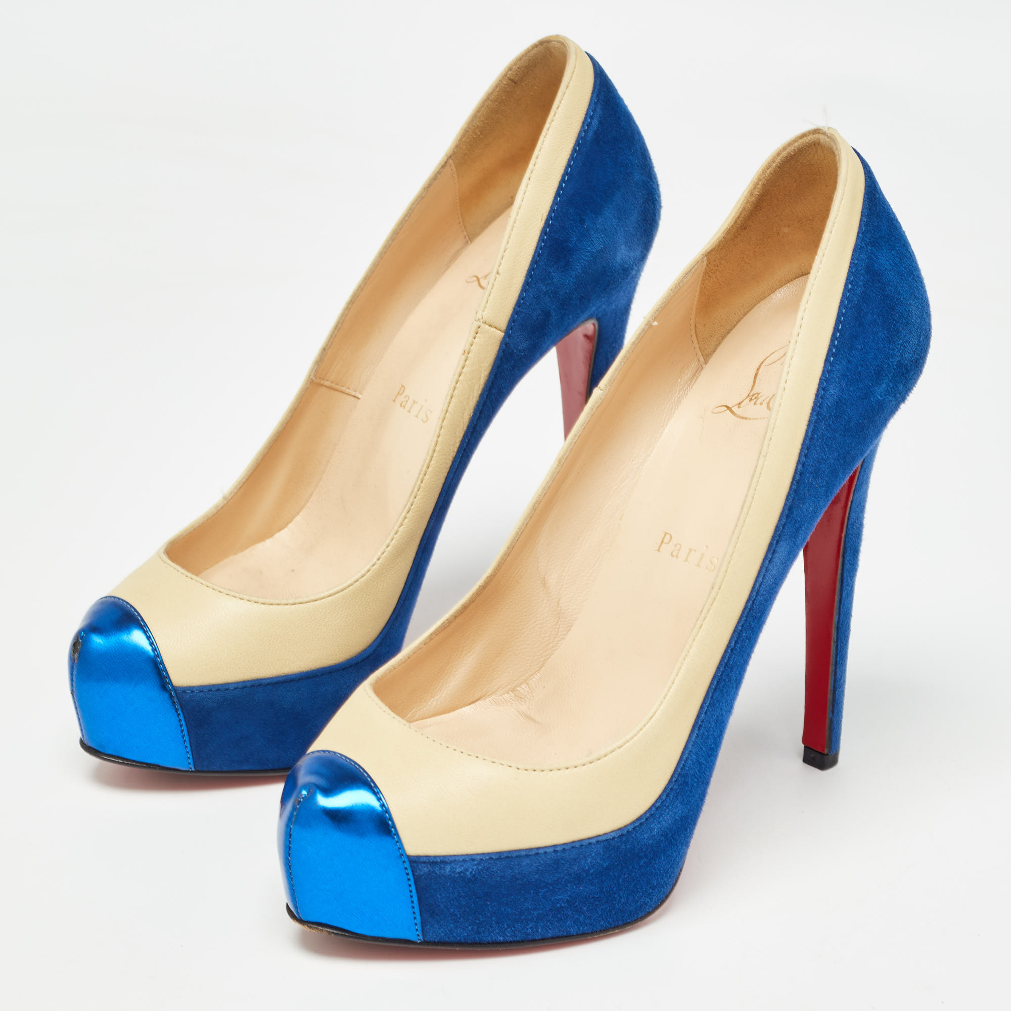 Christian Louboutin Blue/Light Yellow Suede And Leather Pumps Size 36