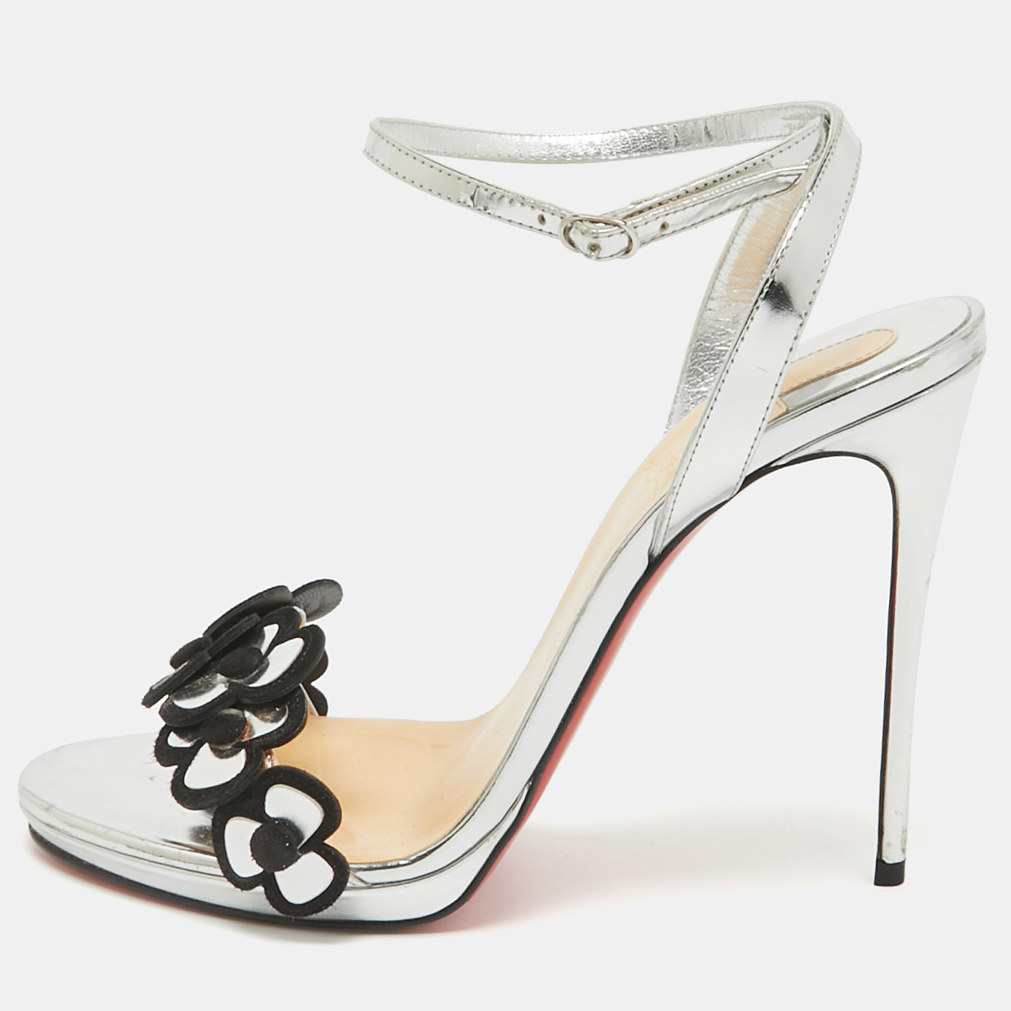 Christian louboutin silver leather pansy queen sandals size 39.5