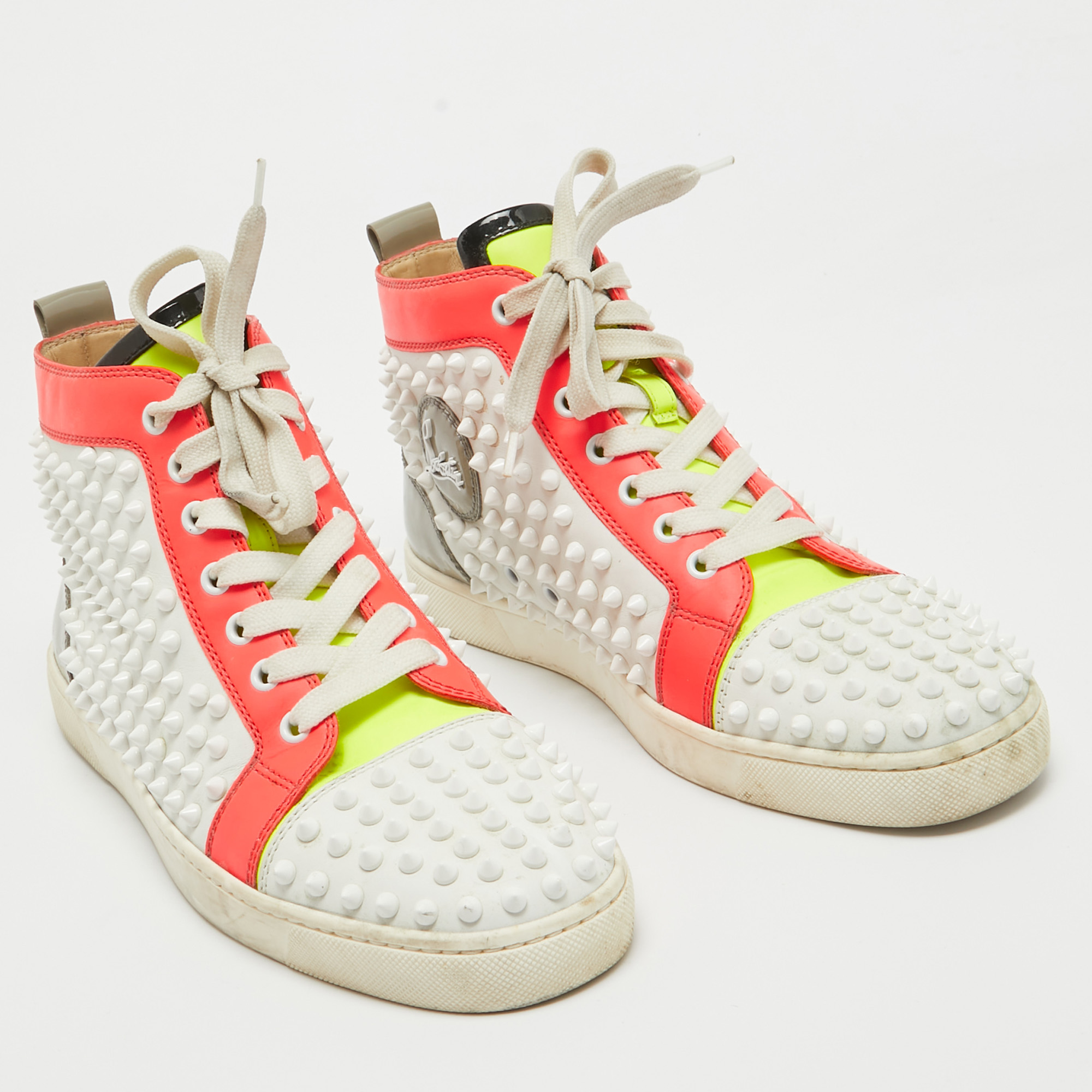 Christian Louboutin Neon Multicolor Leather Louis Spikes Sneakers Size 40