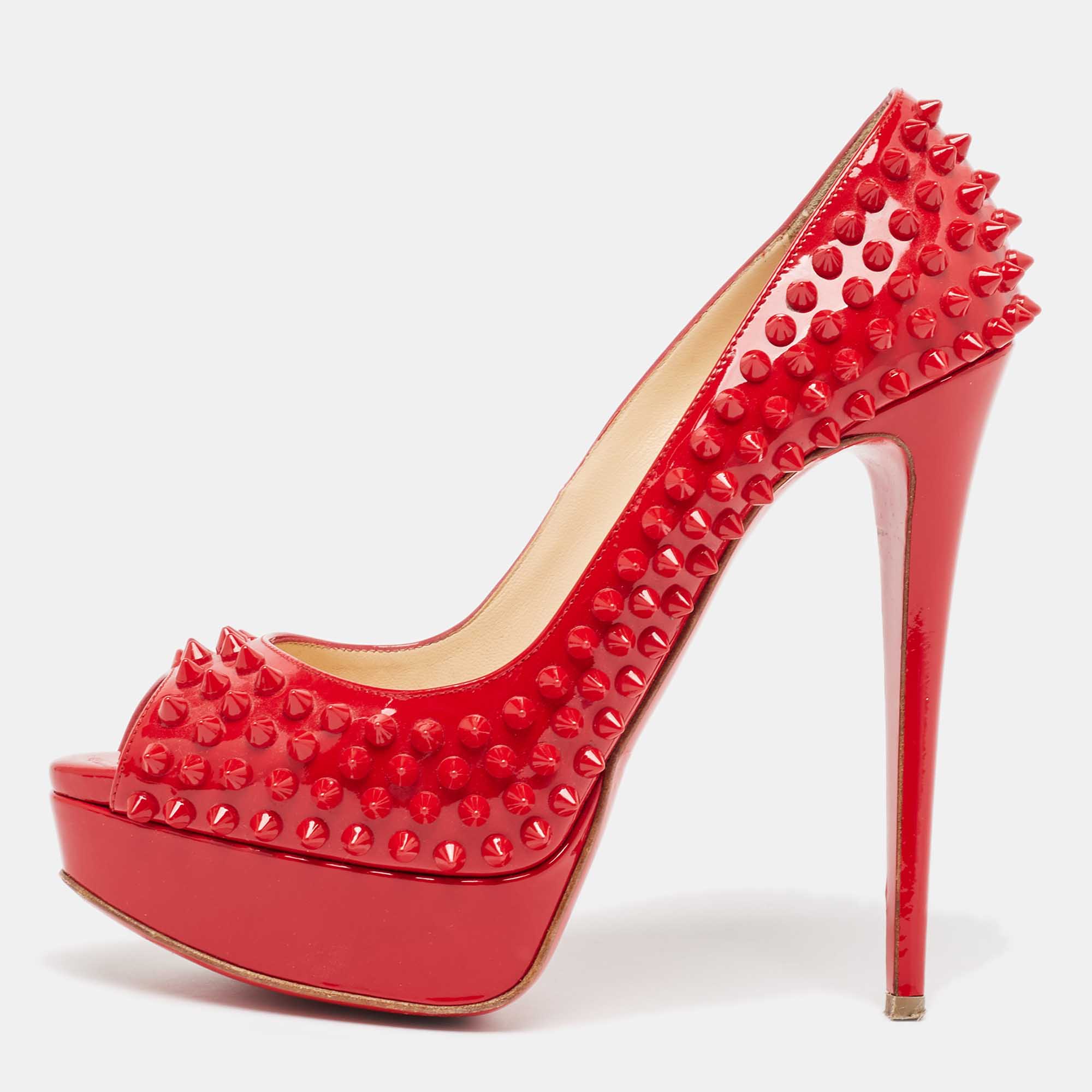 Christian louboutin red patent leather lady peep spikes pumps size 38
