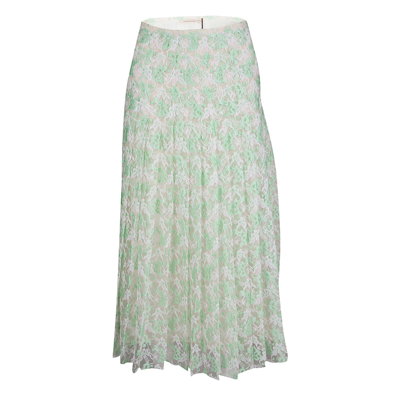 Image of Christopher Kane Mint Plasma Floral Lace Pleated Midi Skirt S