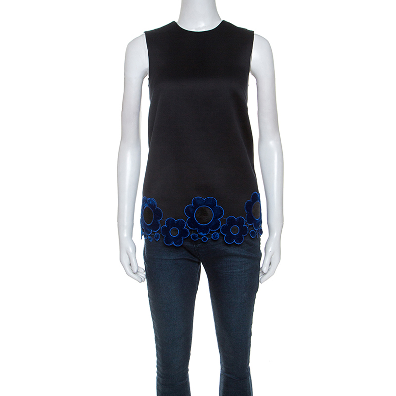 Christopher Kane Black Cotton Blend Flower Applique Trim Sleeveless Top S