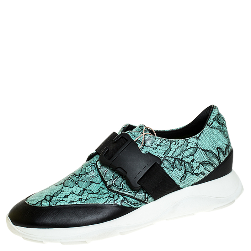 Image of Christopher Kane Black/Blue Lace Print Leather Safety Buckle Low Top Sneakers Size