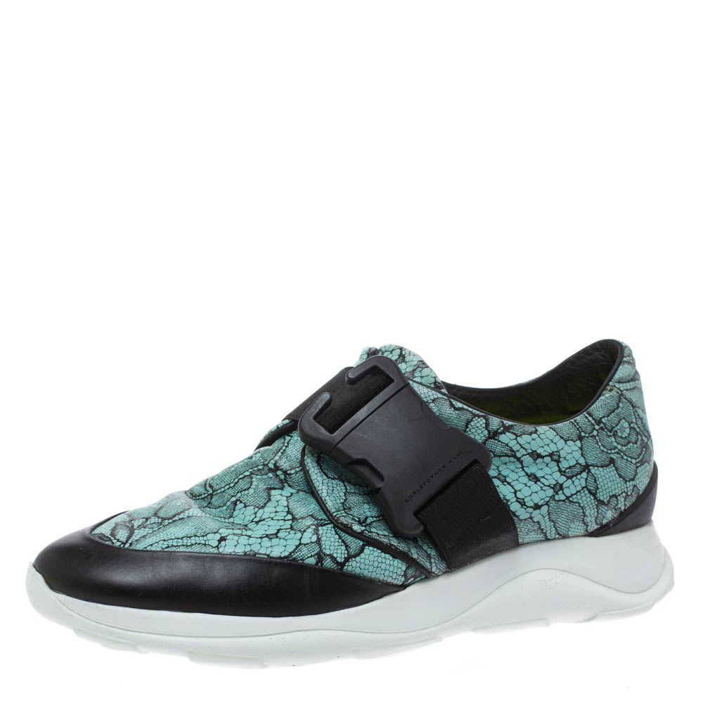 Image of Christopher Kane Black/Blue Lace Print Leather Safety Buckle Low Top Sneakers Size .