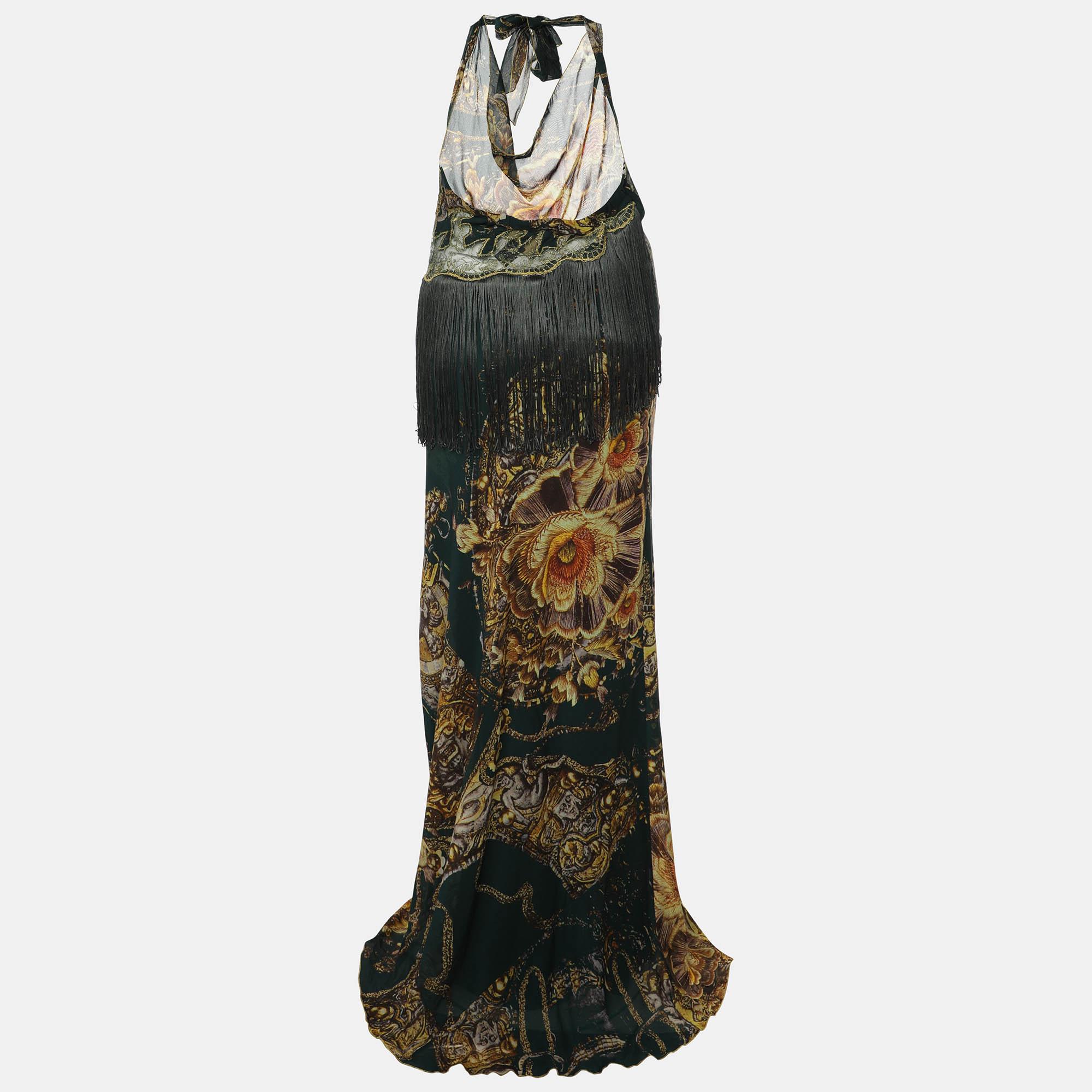 Class By Roberto Cavalli Green Printed Silk Lace Halter Neck Dress M