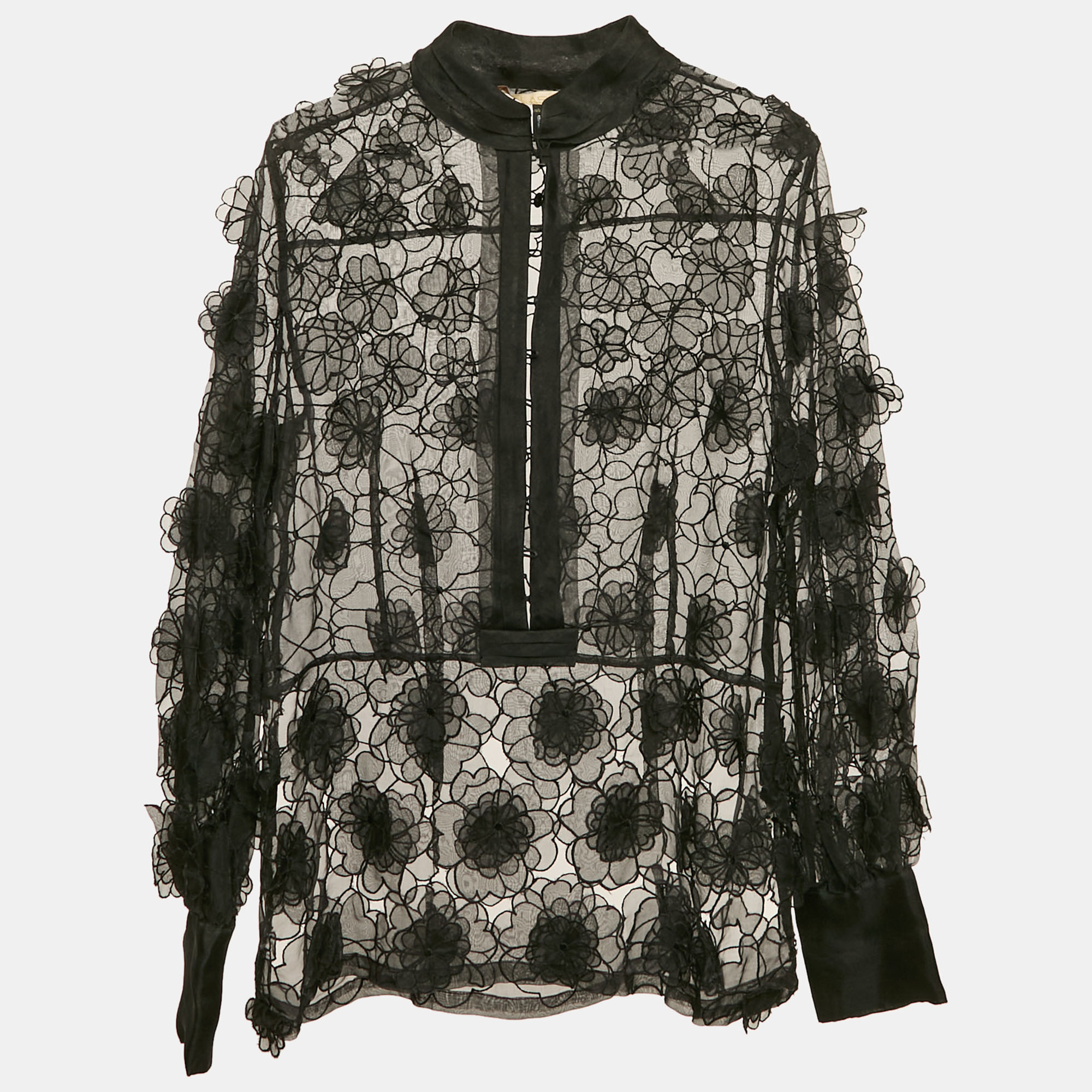 Class by Roberto Cavalli Black Organza Floral Applique and Cut-Out Sheer Blouse M
Class by Roberto Cavalli Black Organza Floral Applique and Cut-Out Sheer Blouse M