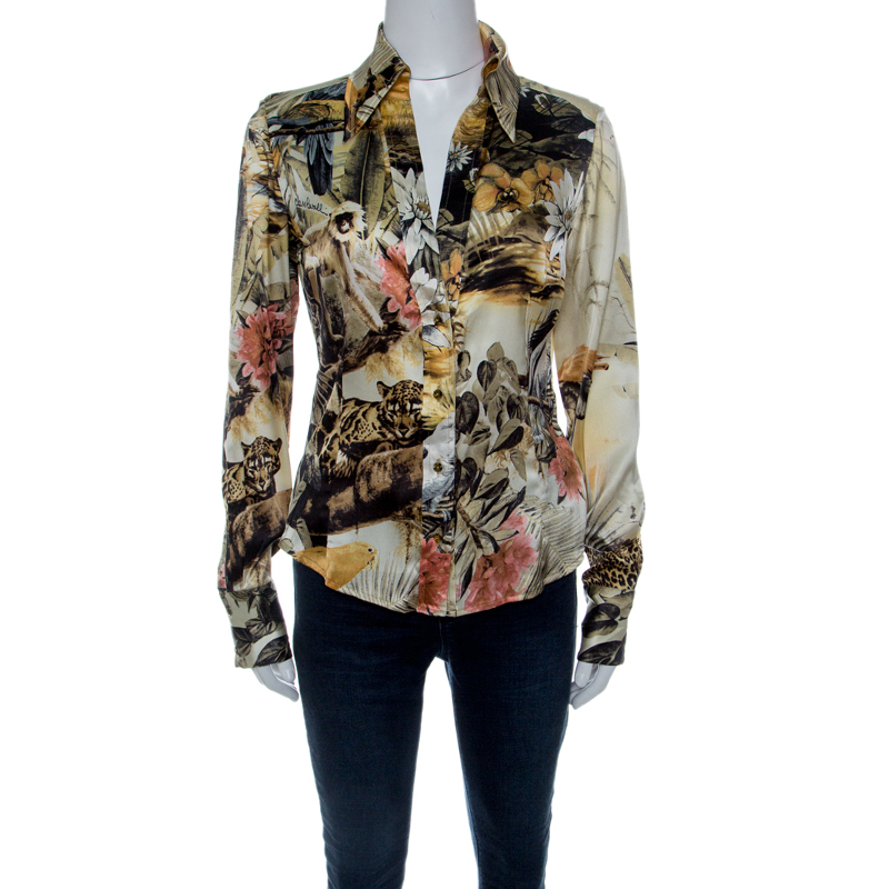 Image of Class by Roberto Cavalli Floral Printed Stretch Silk Satin Button Front Shirt M
