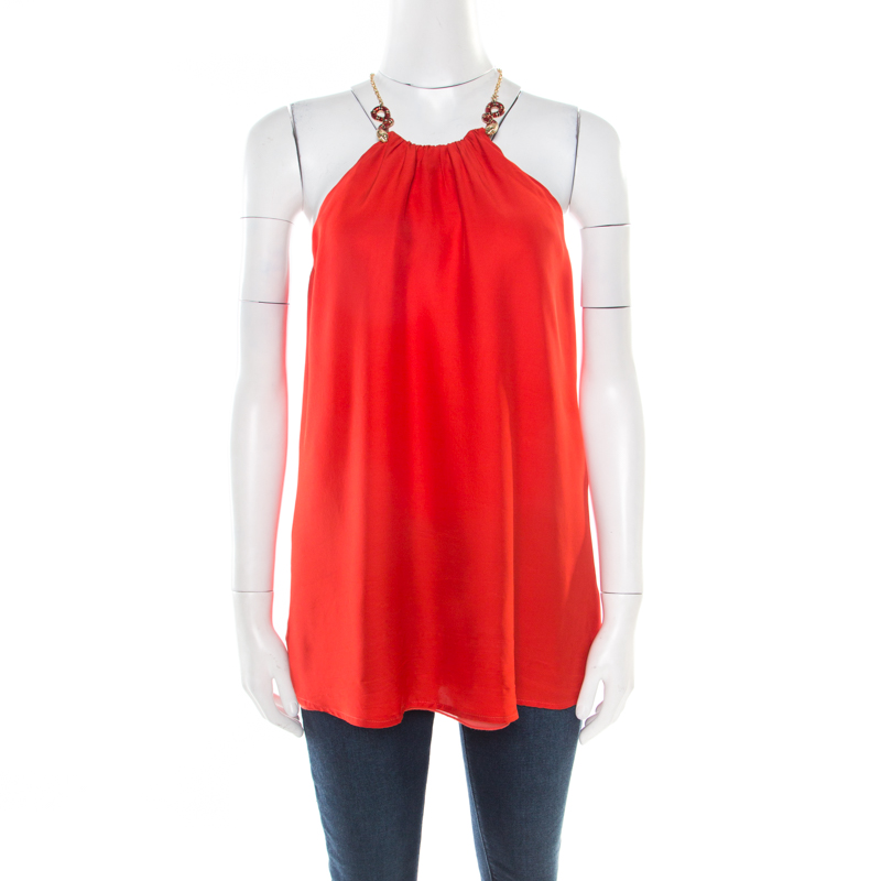 Image of Class by Roberto Cavalli Red Silk Serpentine Detail Halter Top L