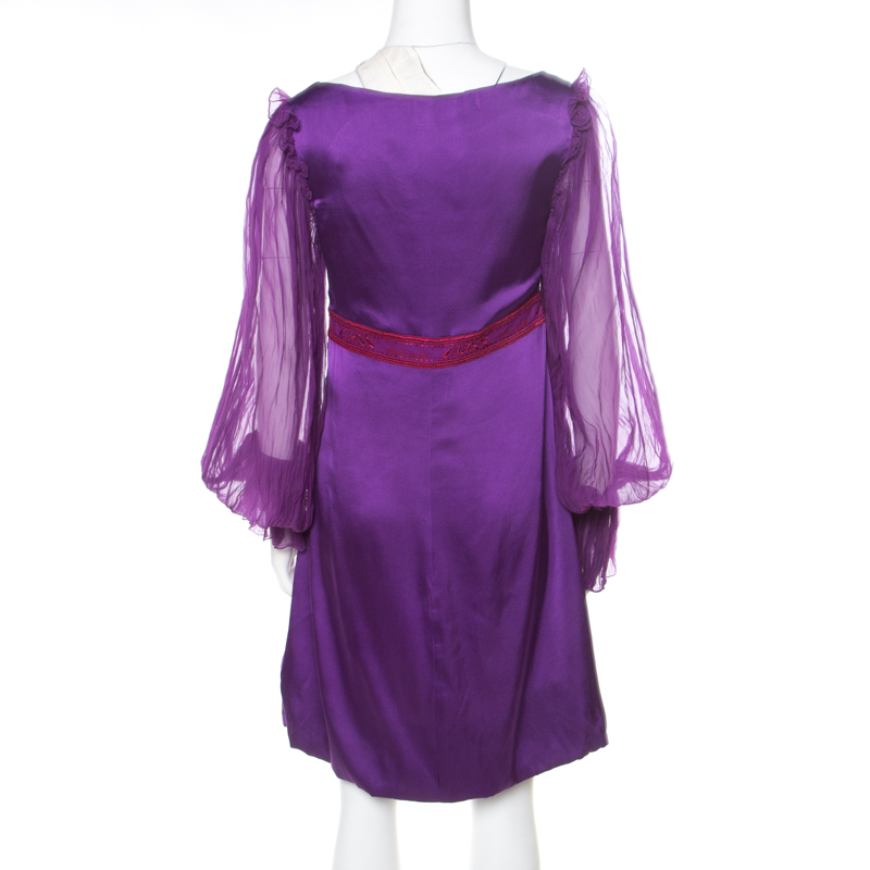 Class By Roberto Cavalli Purple Satin Embroidered Waist Detail Plunge Neck Dress M